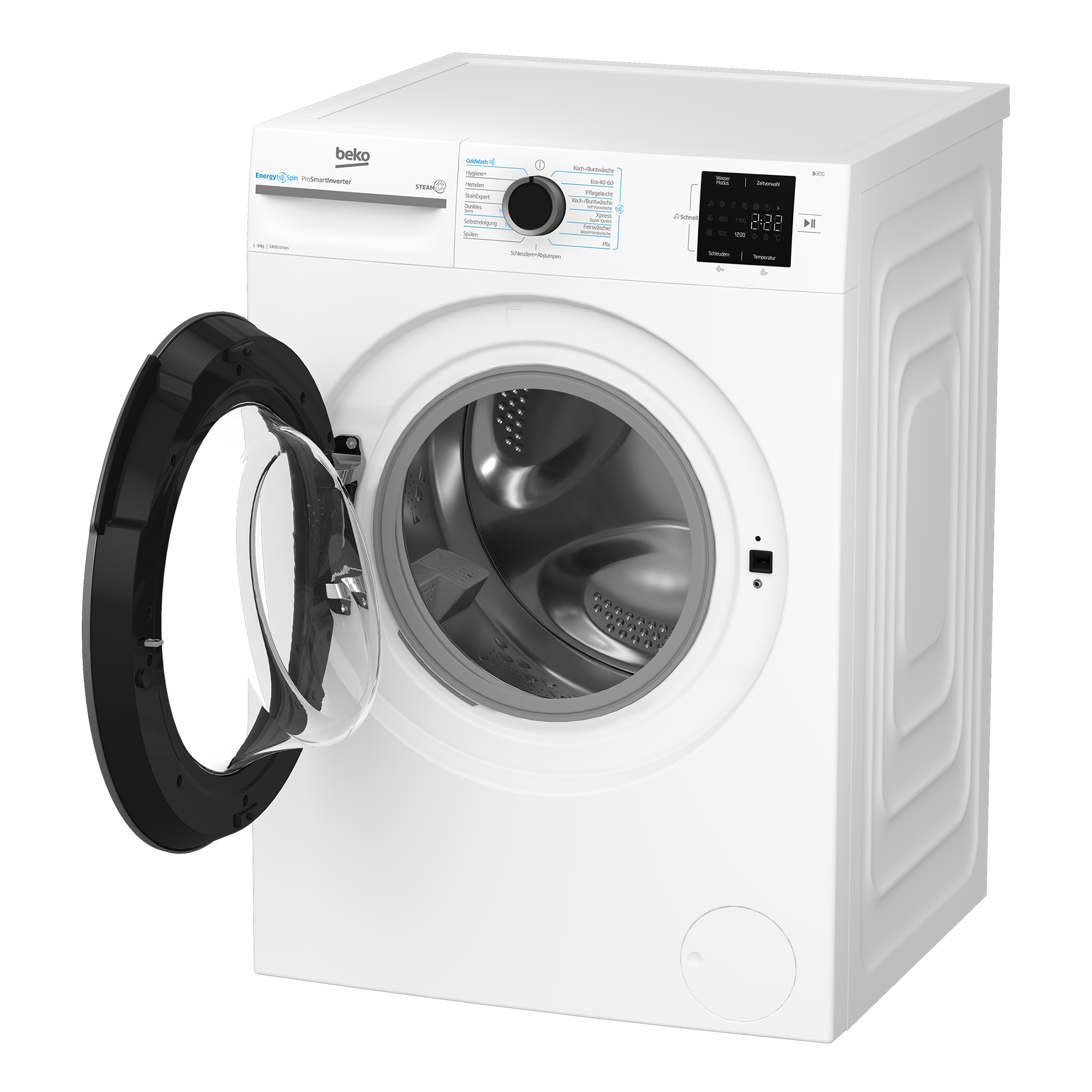 Weiße Beko Waschmaschine mit geöffneter Tür, Bedienfeld mit Programmauswahl.