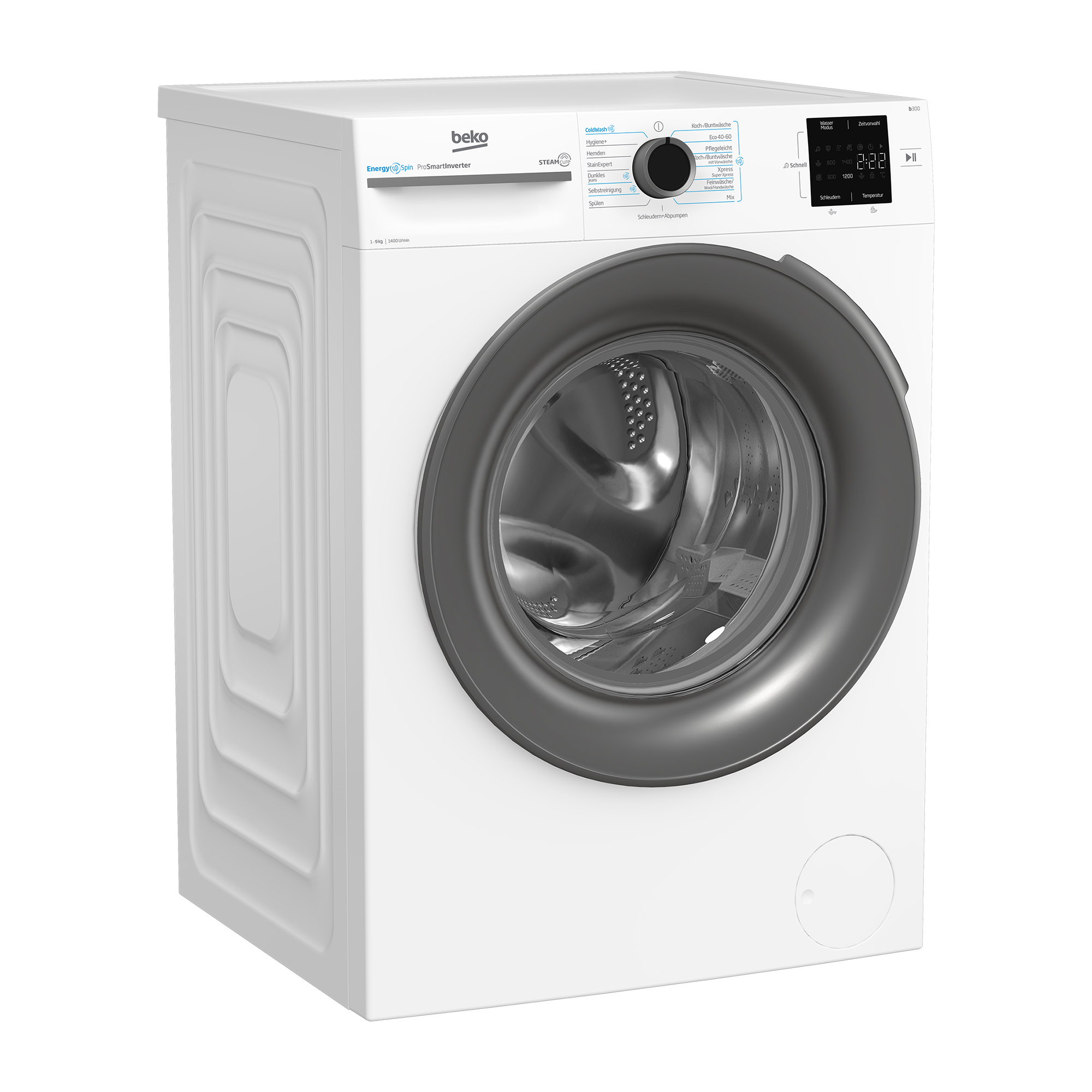 Eine weiße Beko Waschmaschine mit silbernem Bullauge und Bedienfeld.