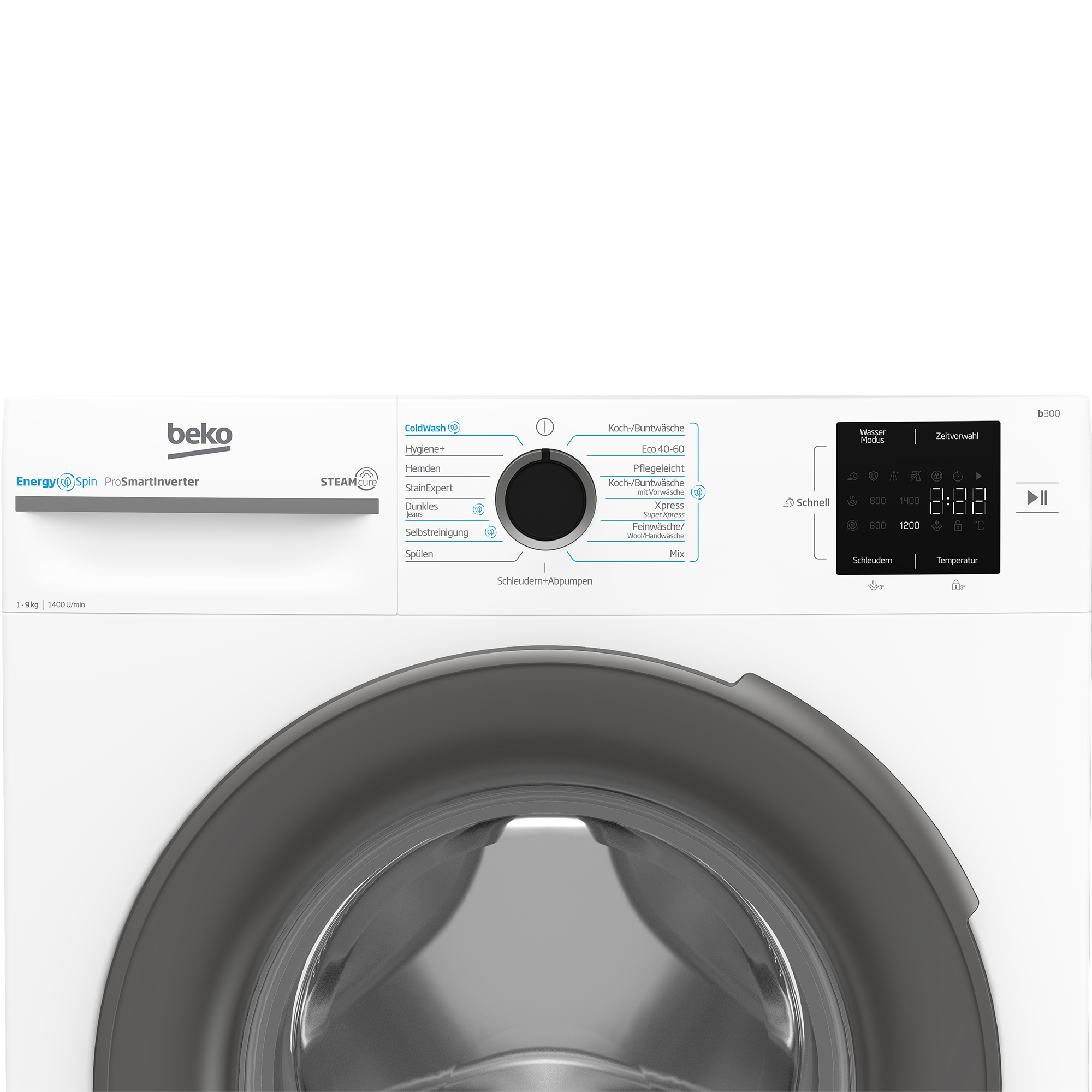 Nahaufnahme einer weißen Beko Waschmaschine mit Bedienfeld und Trommel. Viele Waschprogramme sind aufgeführt.