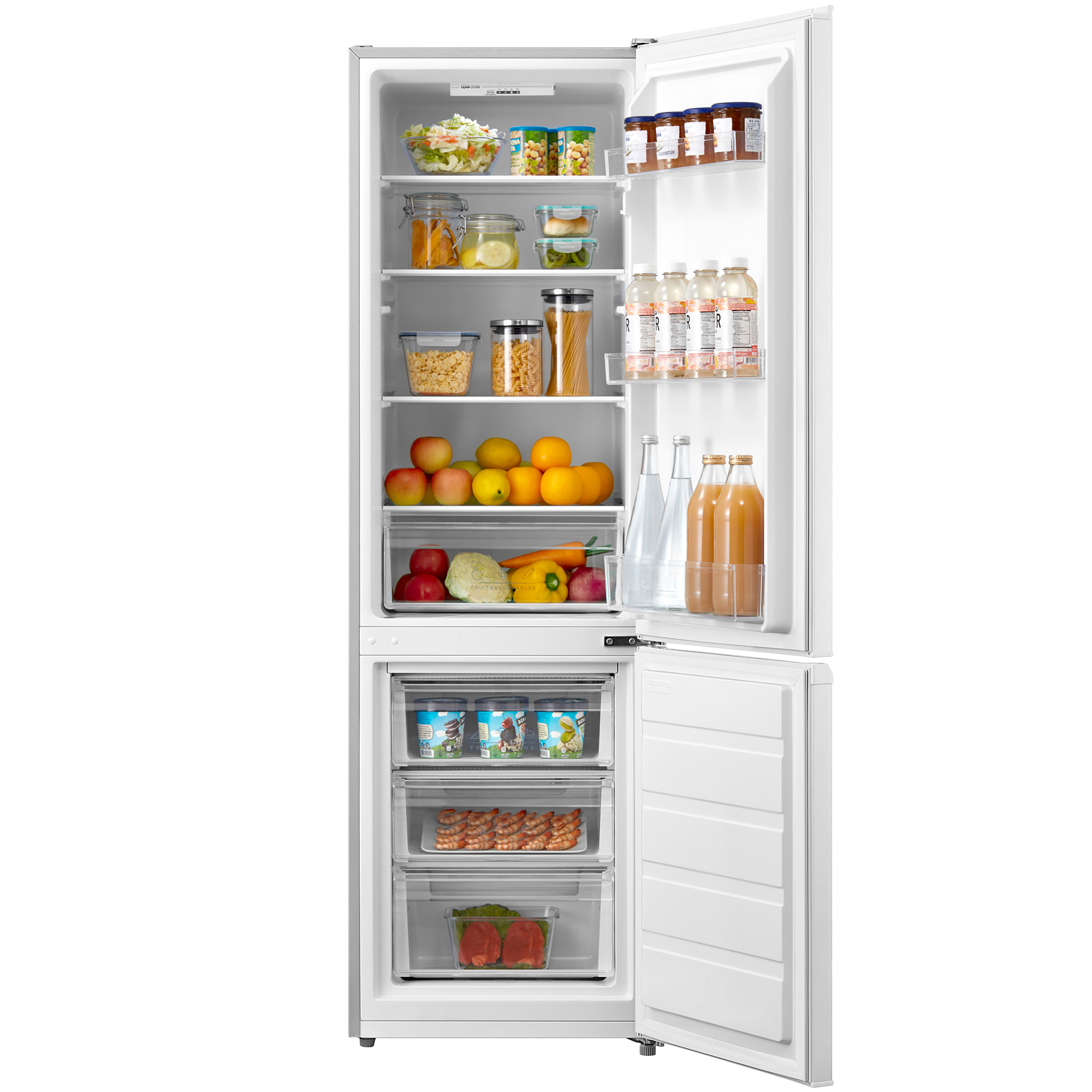 Un refrigerador abierto con alimentos: verduras, frutas, bebidas, helados y carne.