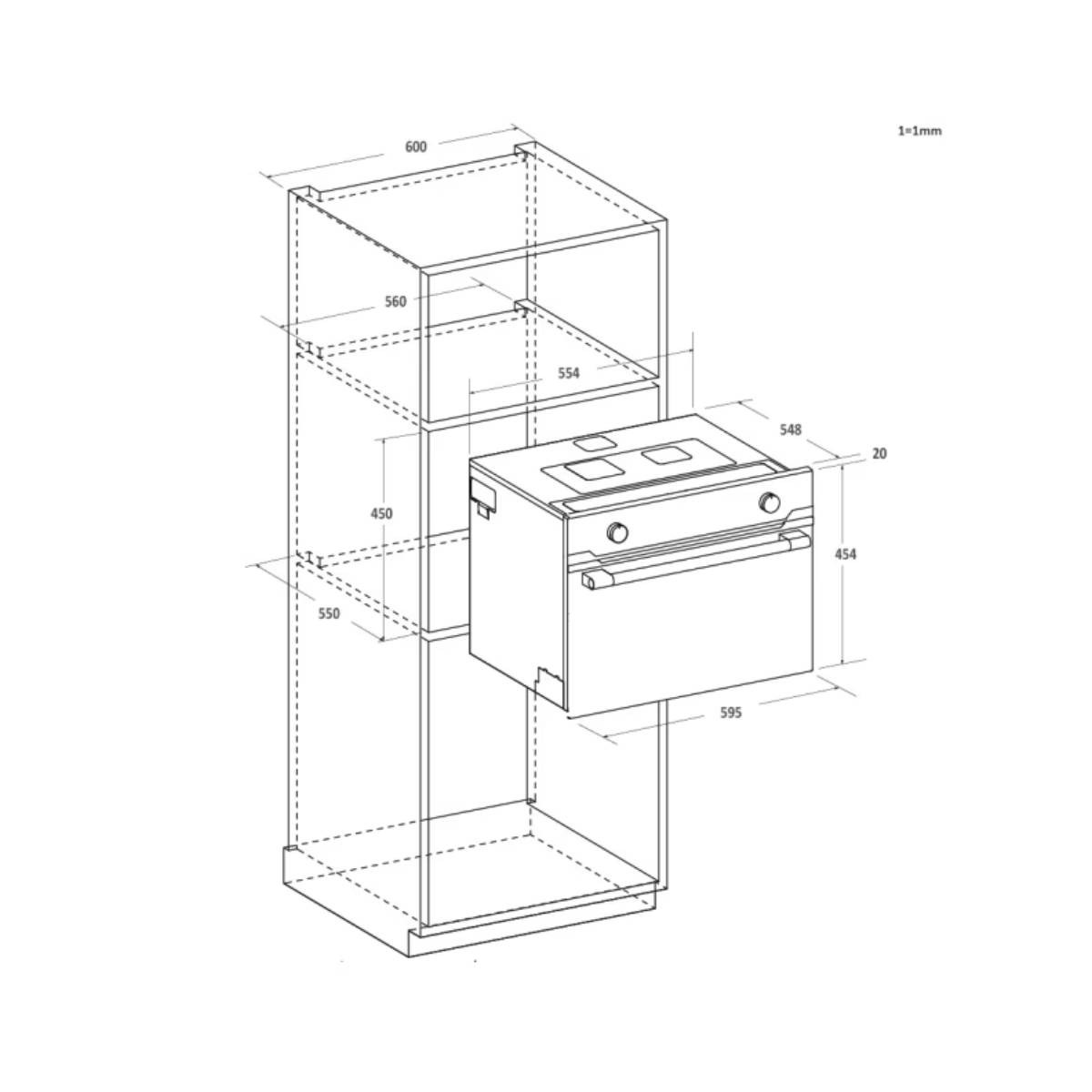 Isometrisch diagram van een inbouwoven in een kast, met afmetingen.