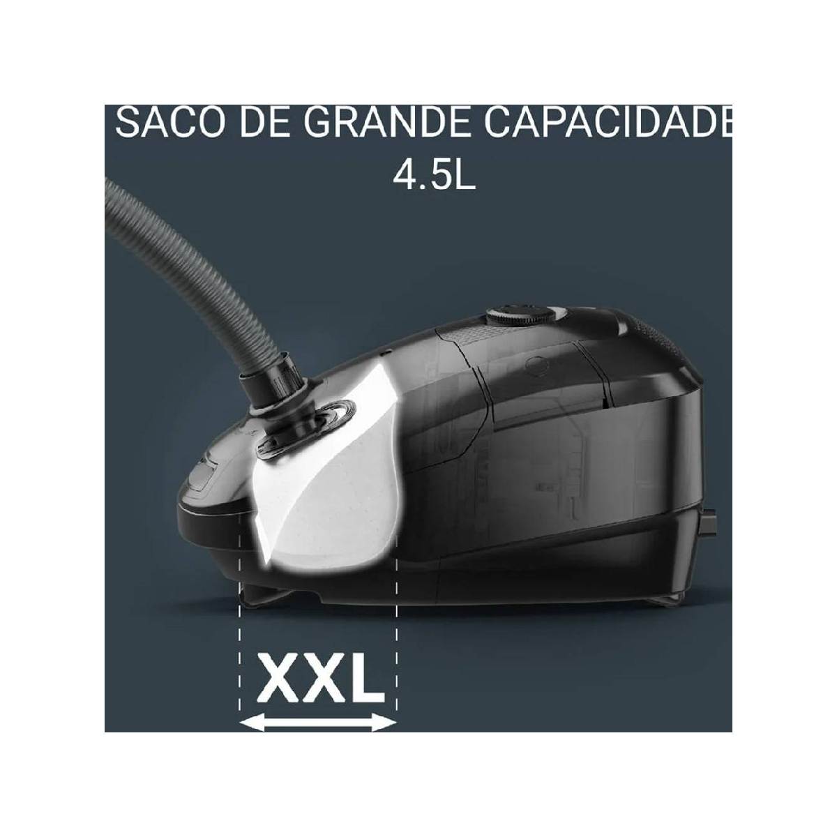 Czarny odkurzacz z wężem, worek XXL, pojemność 4,5 L.