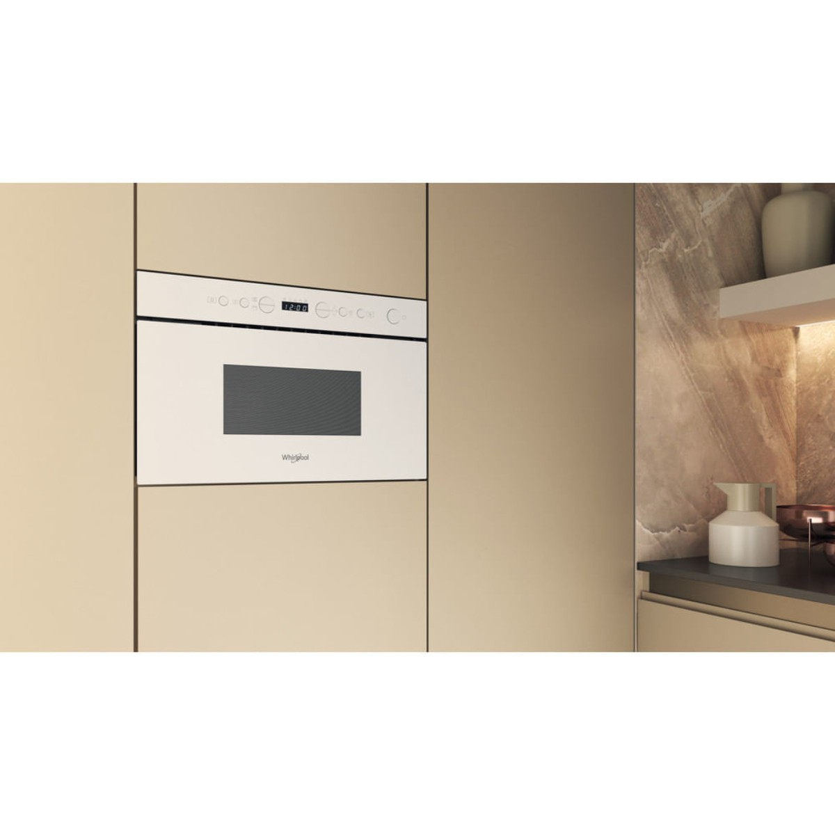 A white built-in oven with a dark grill area and digital time display.