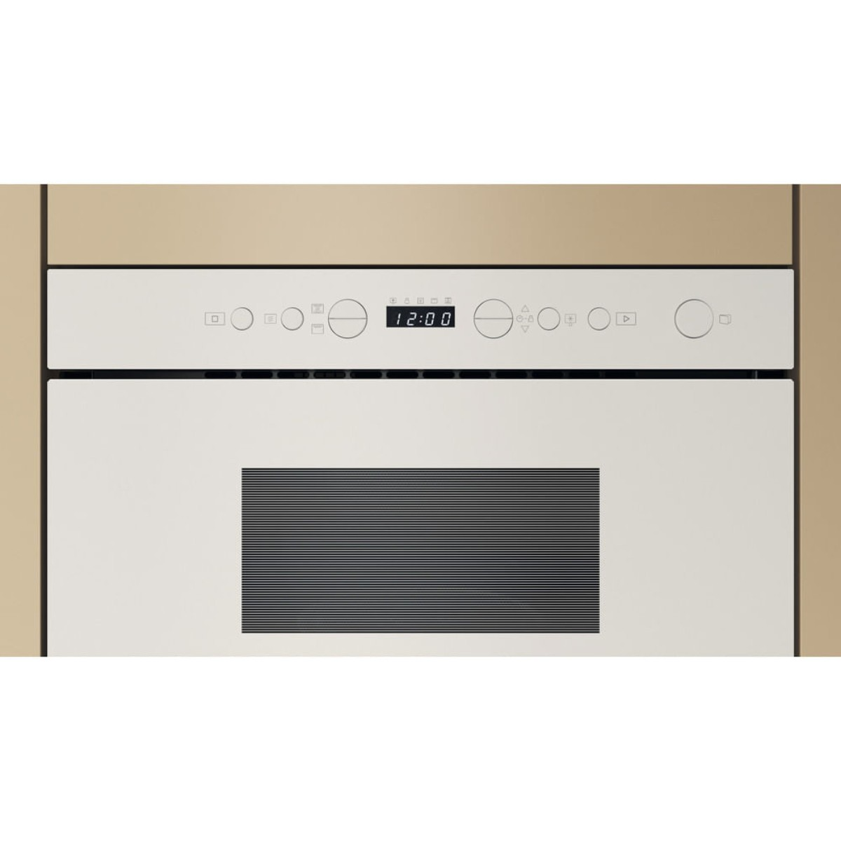 White control panel with digital clock 12:00 and grill door.