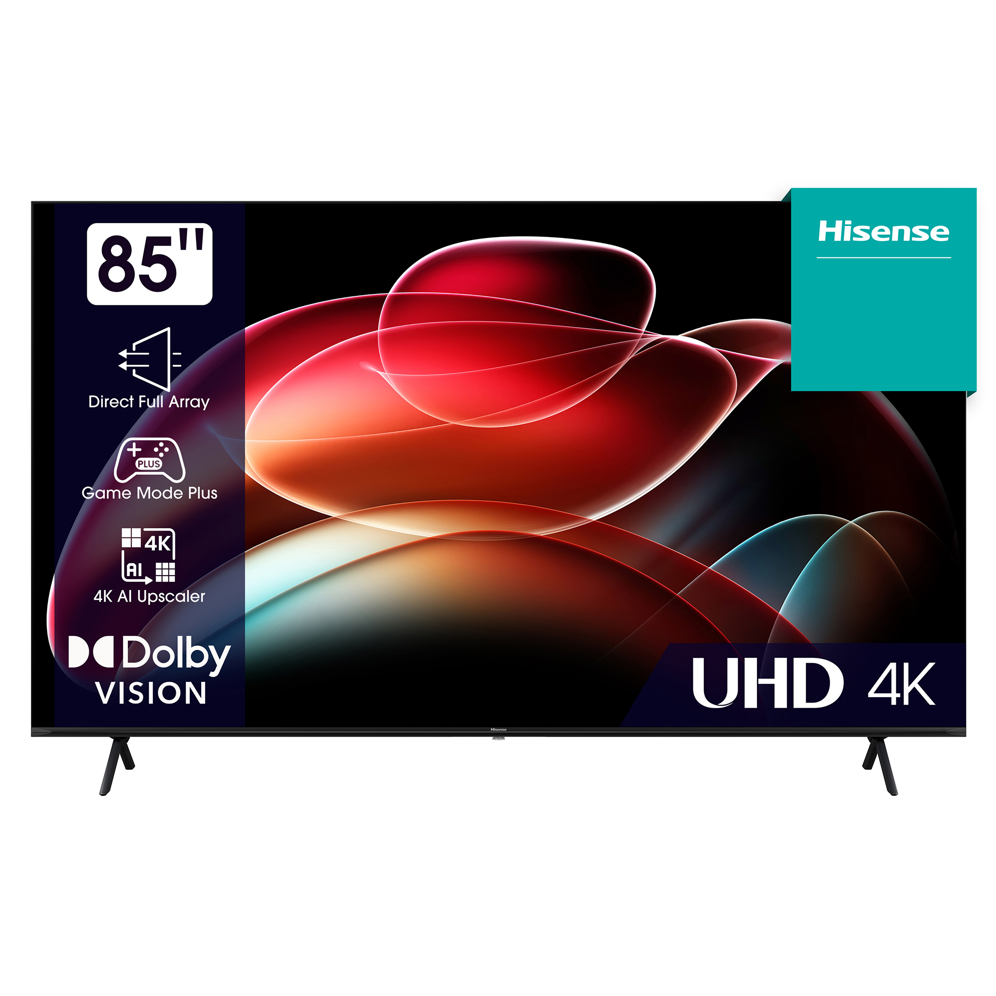 Ein 85-Zoll-Hisense-UHD-4K-Fernseher mit Dolby Vision und direkter Full Array-Beleuchtung.