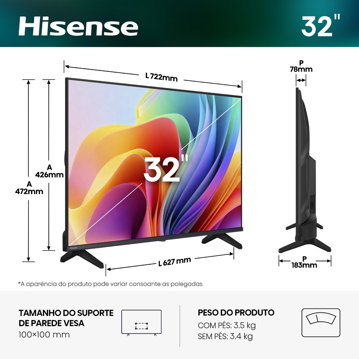 Televisor Hisense de 32 pulgadas con dimensiones y peso.