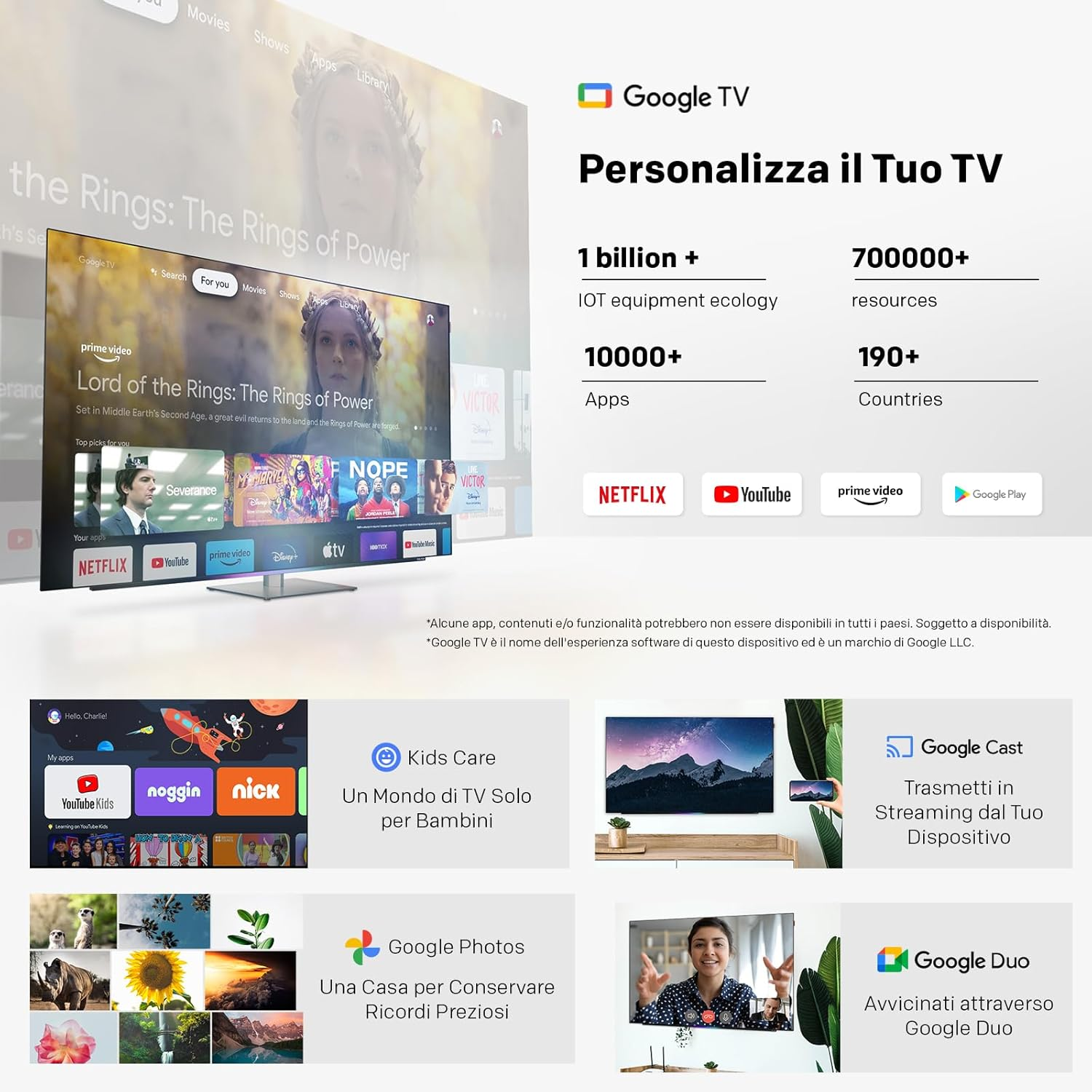 Home page Google TV con "Il Signore degli Anelli", app e consigli personalizzati.