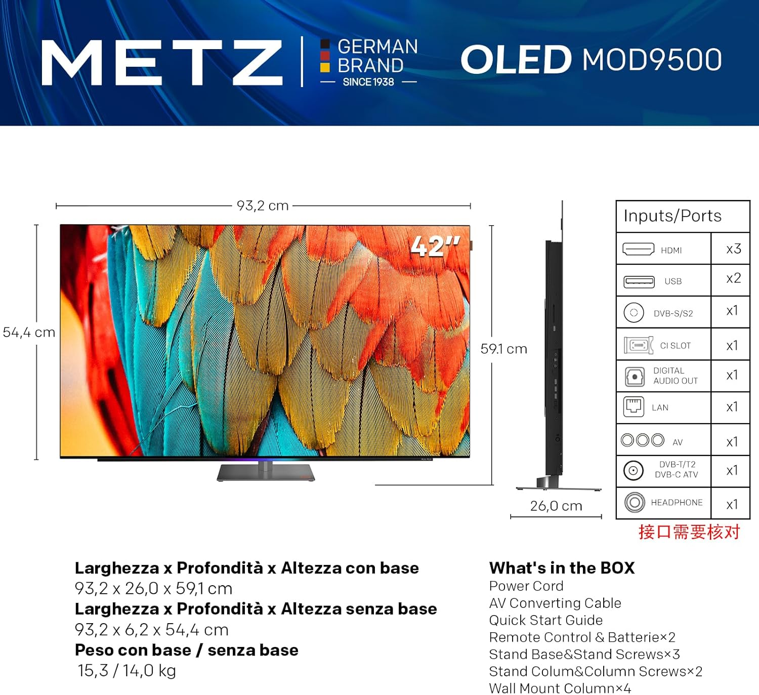 Un TV METZ OLED da 42 pollici che mostra dettagli di piume, dimensioni e porte.