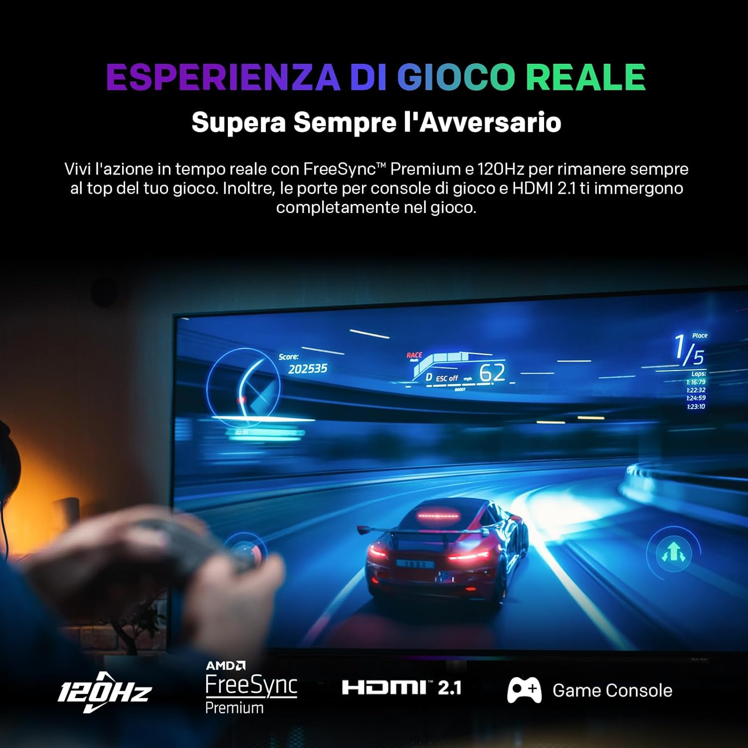 Un giocatore gioca a un videogioco di corse su un monitor.