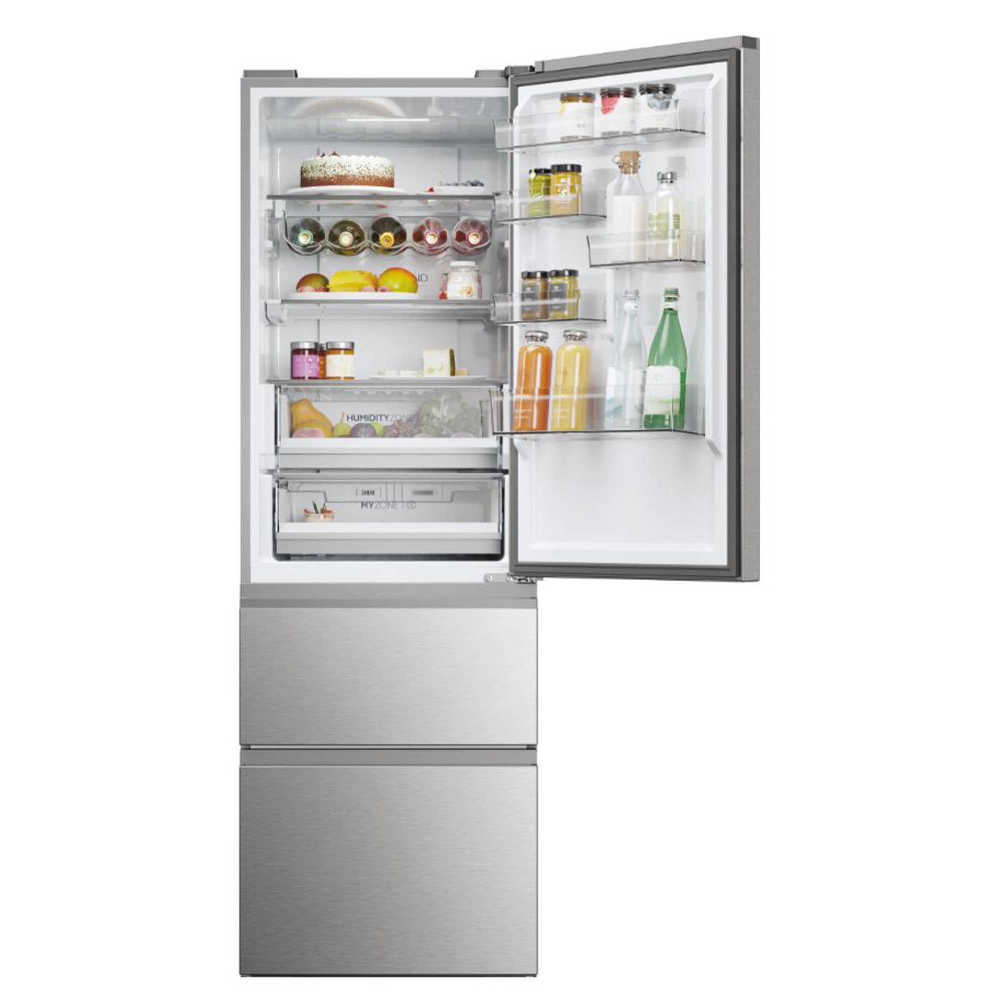 Ein offener Kühlschrank mit Lebensmitteln wie Kuchen, Obst, Flaschen und Gläsern.