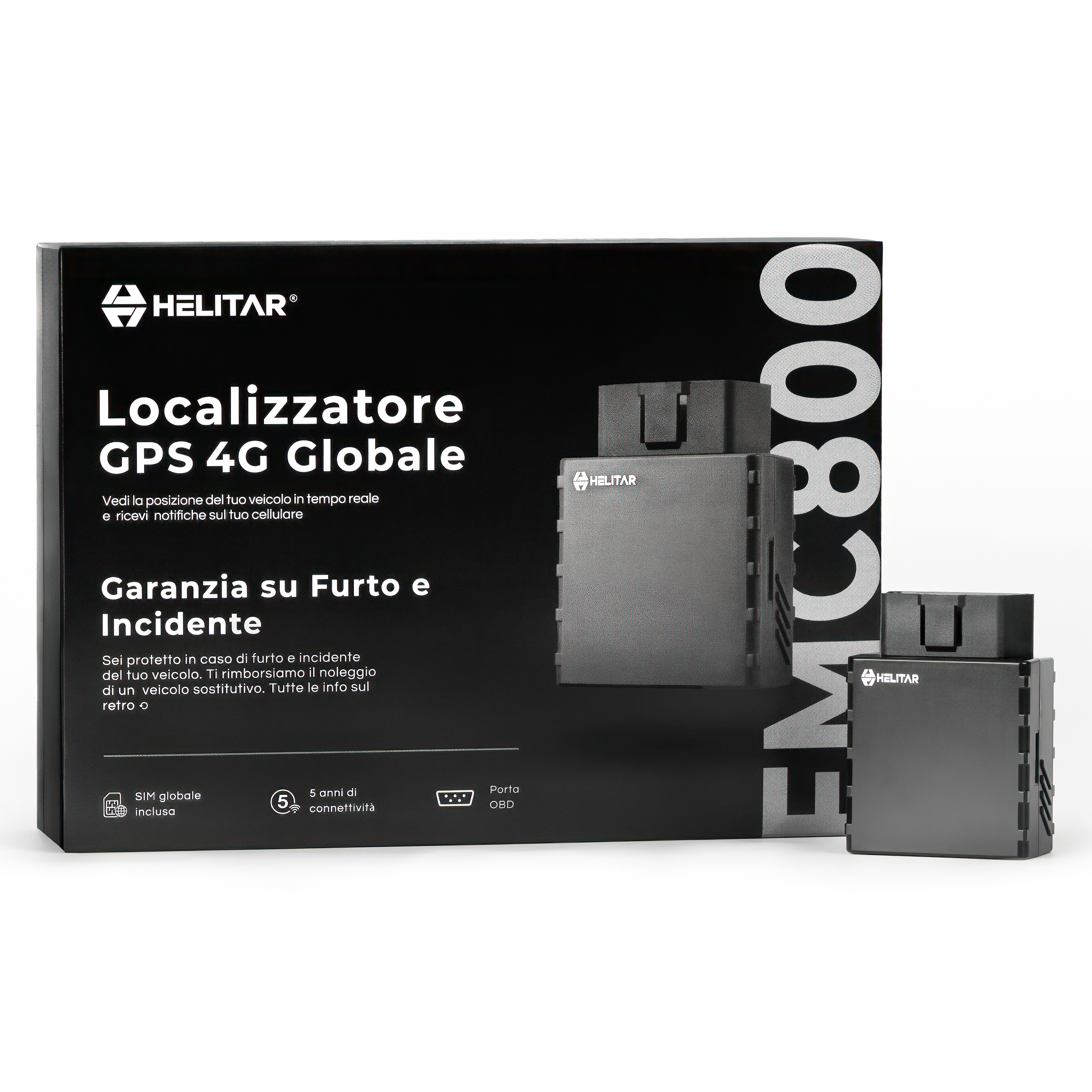 Confezione nera mostra un localizzatore GPS grigio e testo 'Localizzatore GPS 4G Globale'.