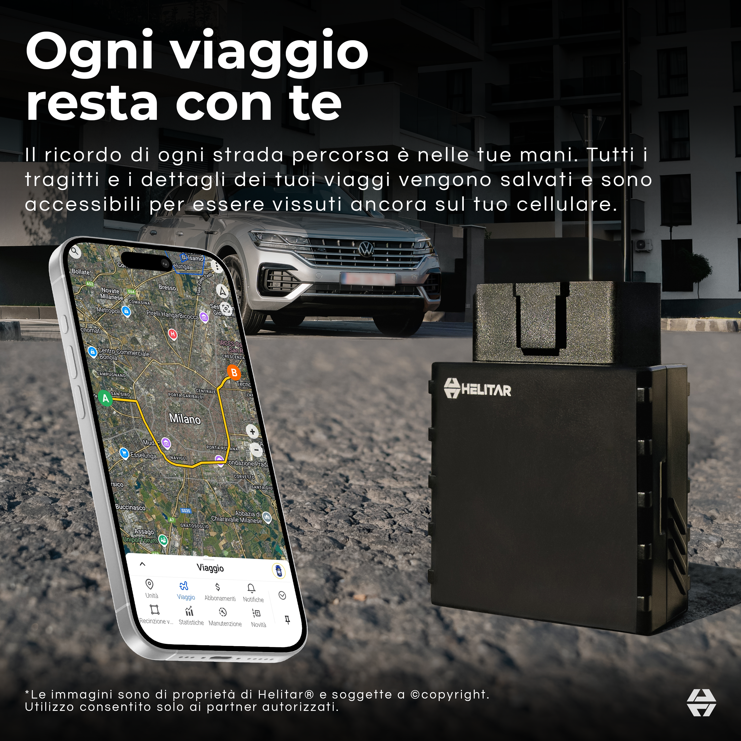Uno smartphone mostra una mappa di navigazione di Milano accanto a un dispositivo Helitar nero.