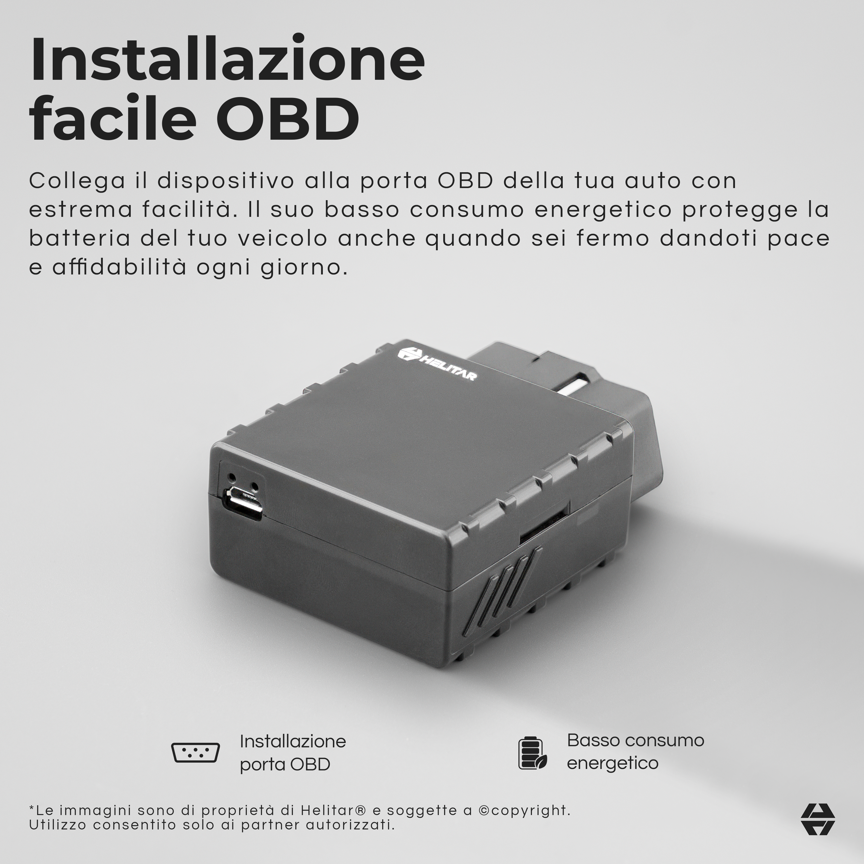 Dispositivo OBD grigio con porta USB e logo Helitar.