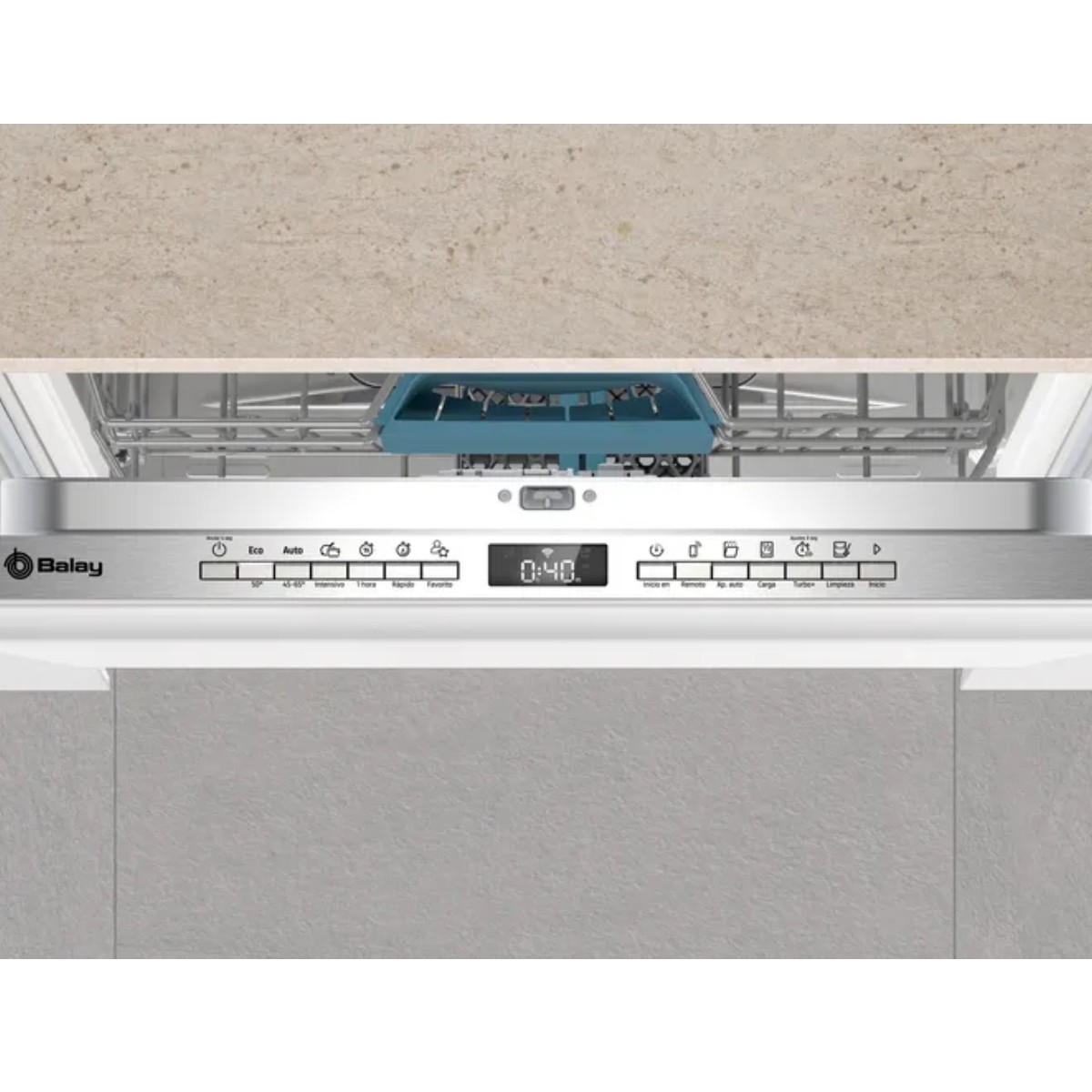 Balay vaatwasser bedieningspaneel met digitaal display 0:40 en diverse programmaknoppen.