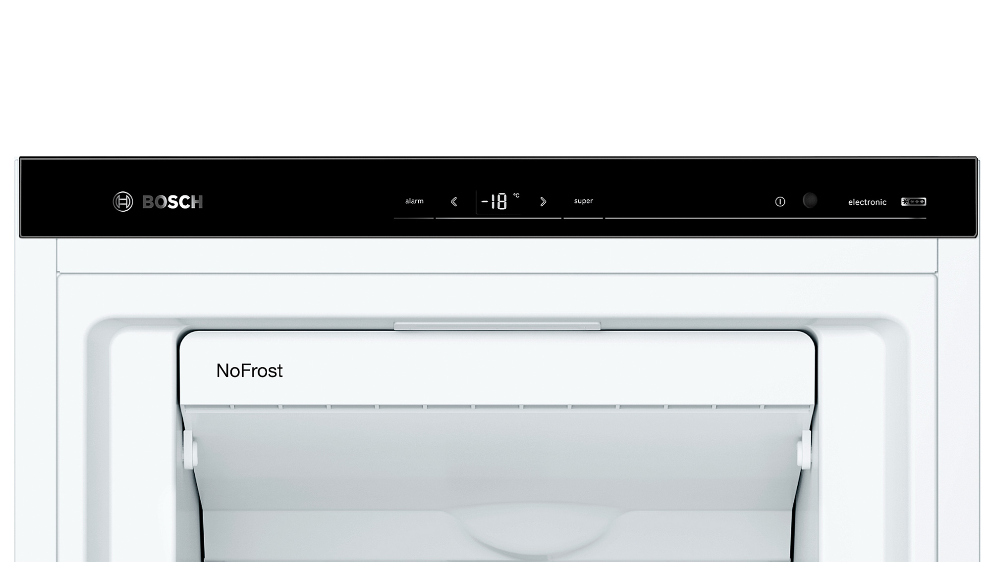 Bosch-Kühlschrank mit digitaler Anzeige von -18 Grad und "NoFrost" Beschriftung.