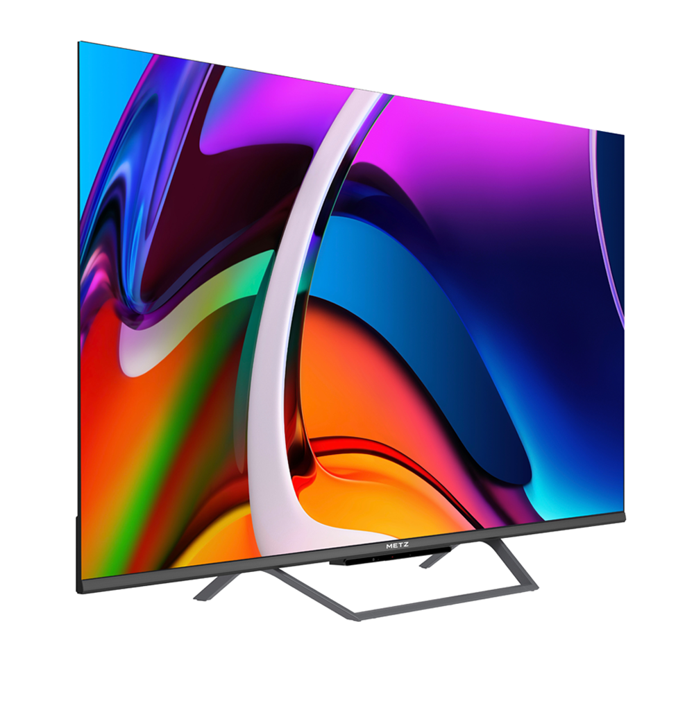 Una TV moderna a schermo piatto con un display astratto e vibrante su sfondo bianco.