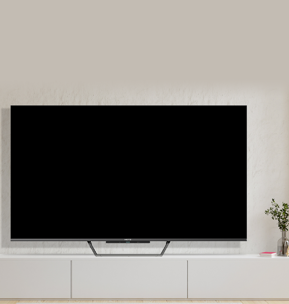Un grande schermo TV nero è appoggiato su un mobile bianco. A destra c'è un vaso con piante.
