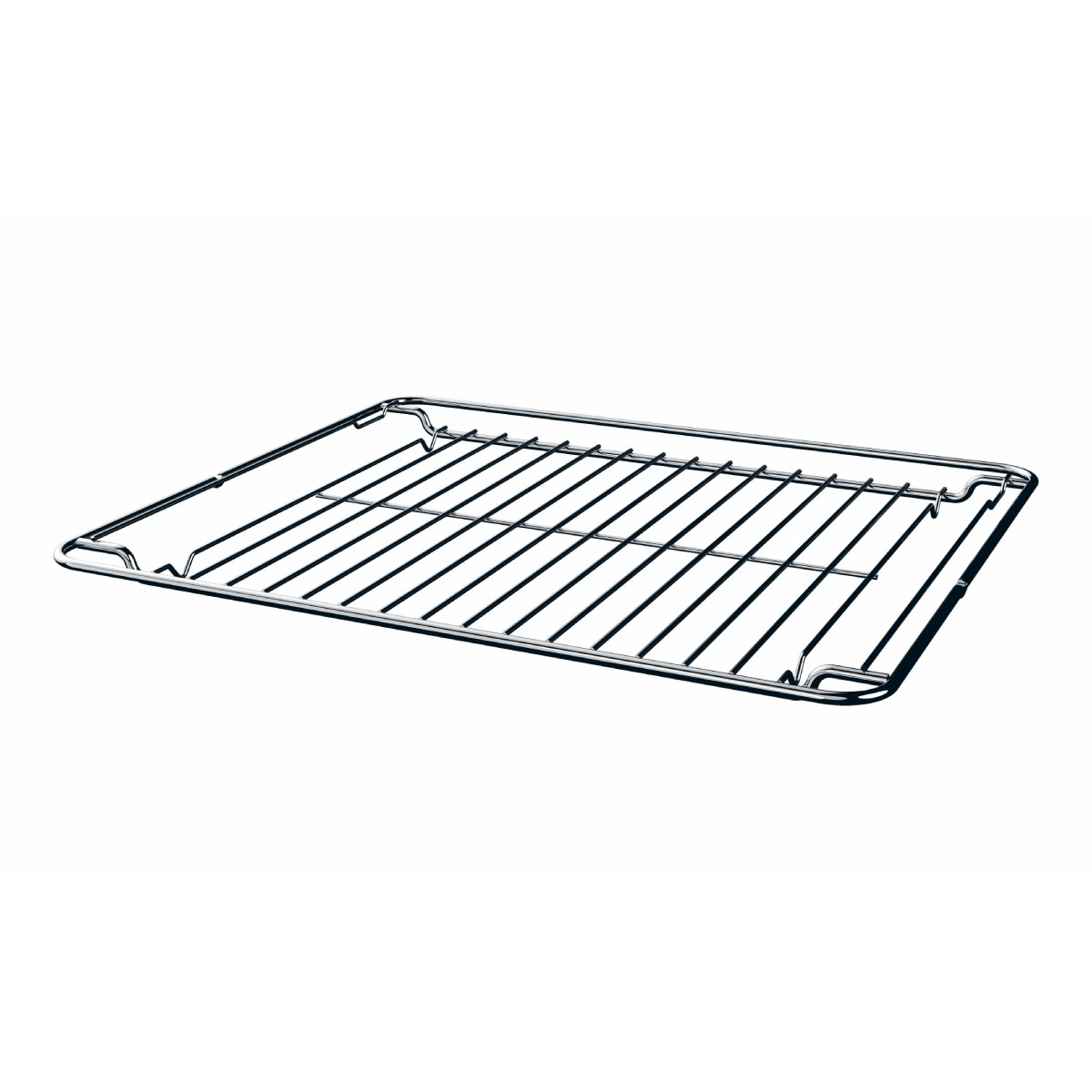 Ein glänzendes Metallgitter mit parallelen Stäben, auf weißem Hintergrund.