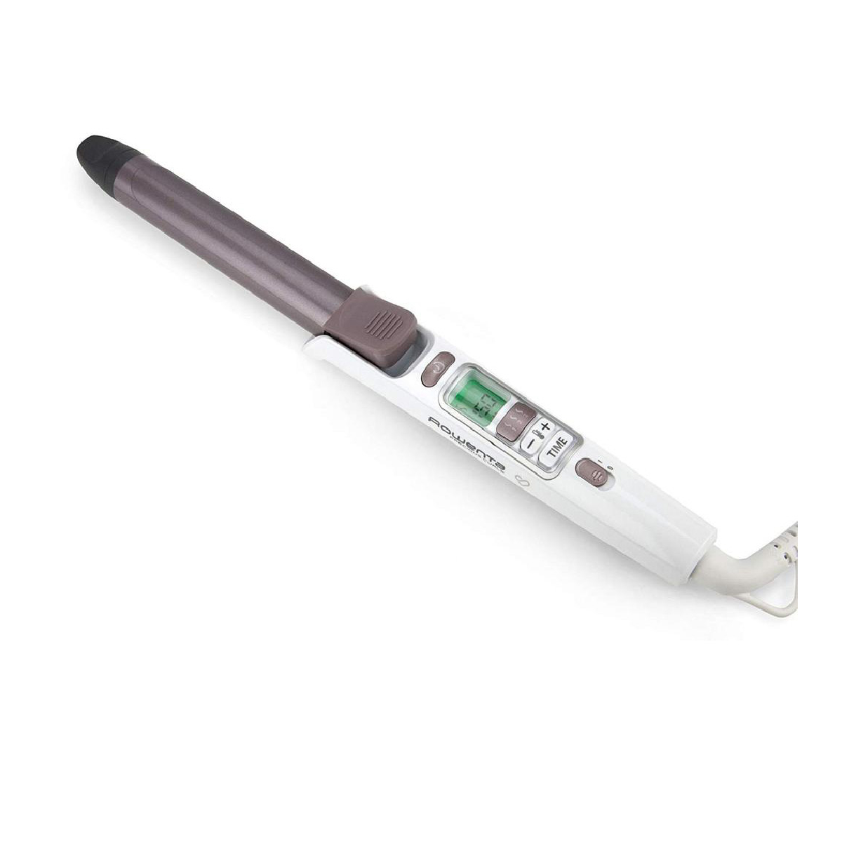 A white and grey Rowenta curling iron with a digital display and buttons rests on a white surface.
