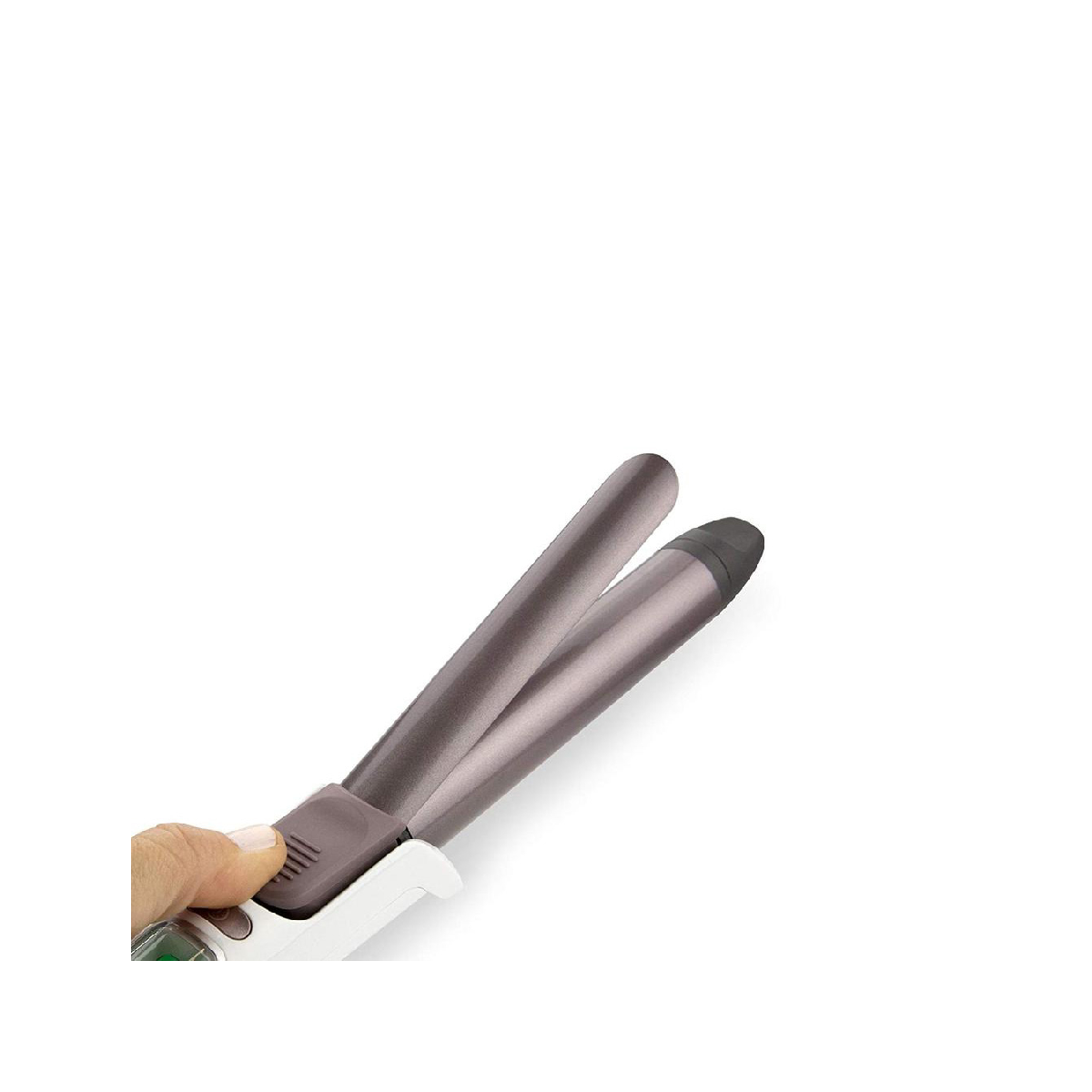 A hand holds a curling iron with two metallic grey barrels.
