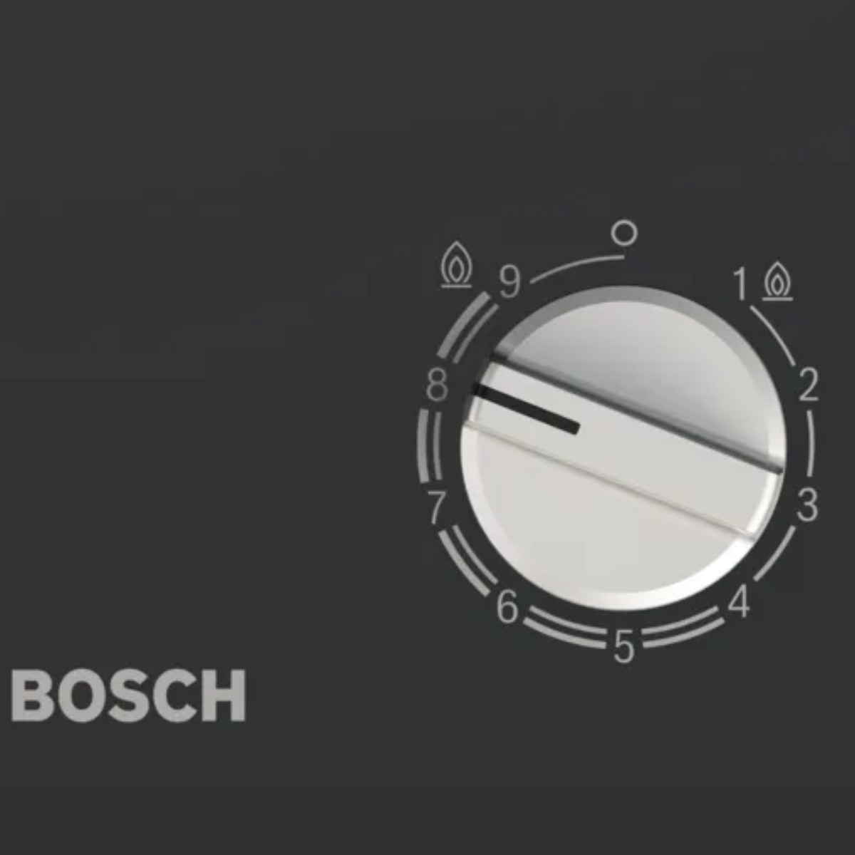 Logo Bosch obok pokrętła z cyframi 1-9 i symbolami płomienia.