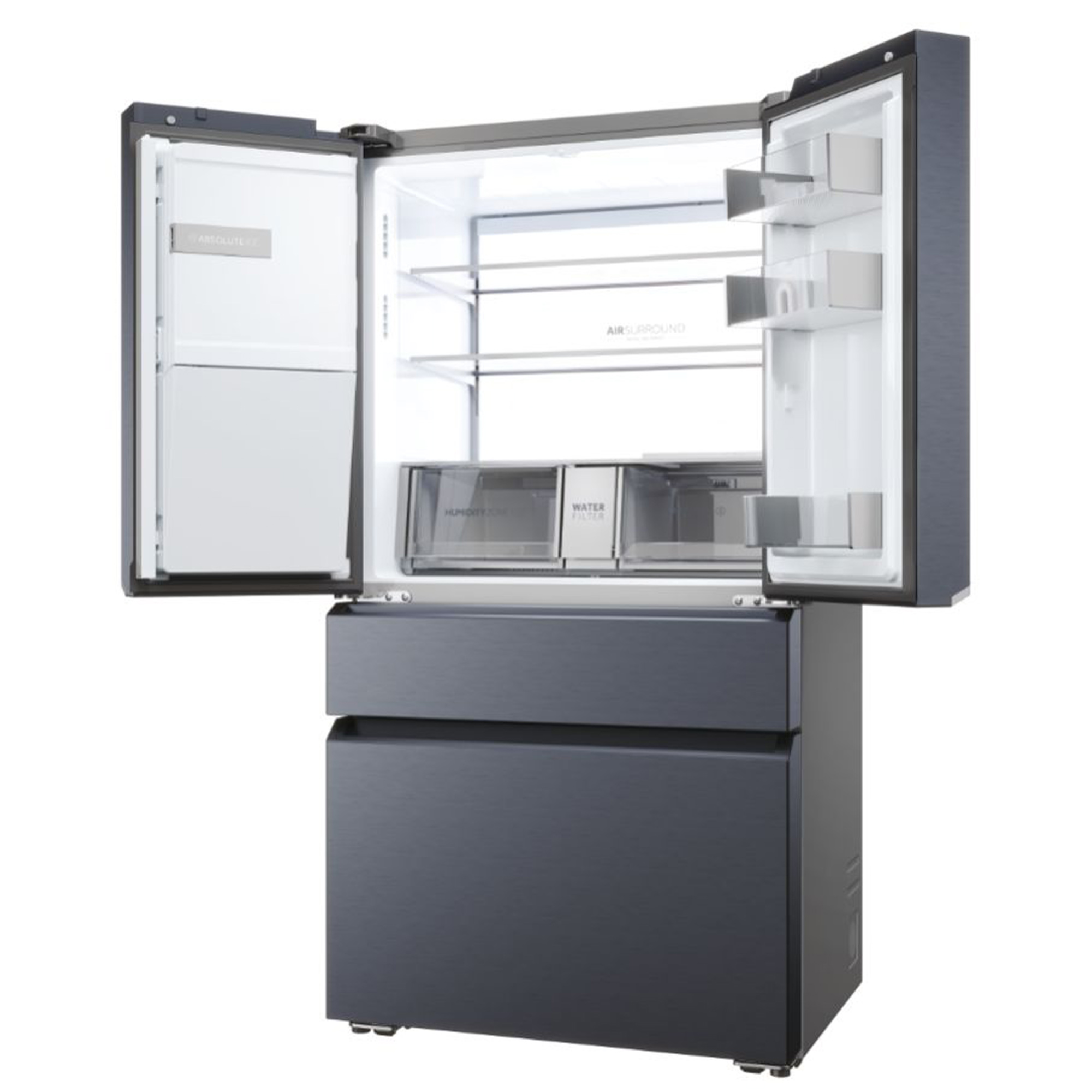Refrigerador gris oscuro con puertas abiertas, mostrando estantes y cajones.