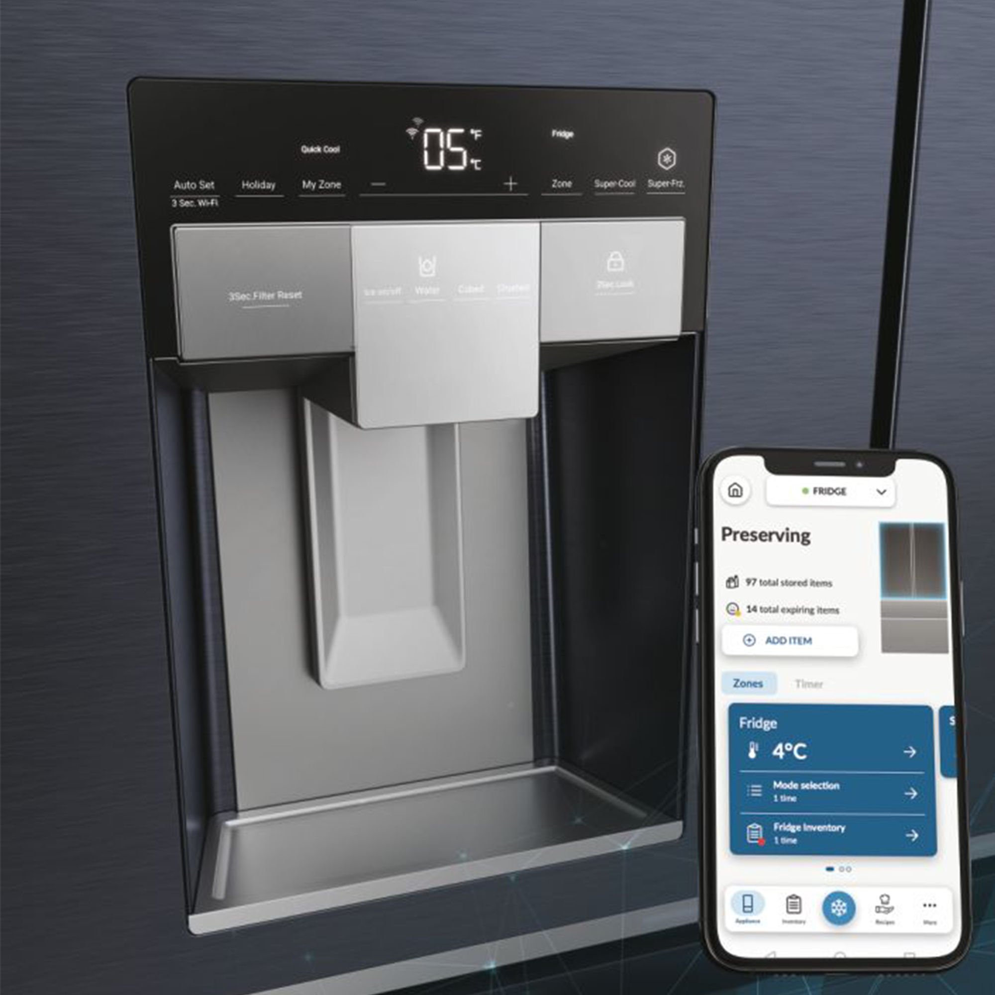 Una pantalla moderna de refrigerador y un teléfono inteligente mostrando la aplicación del refrigerador.