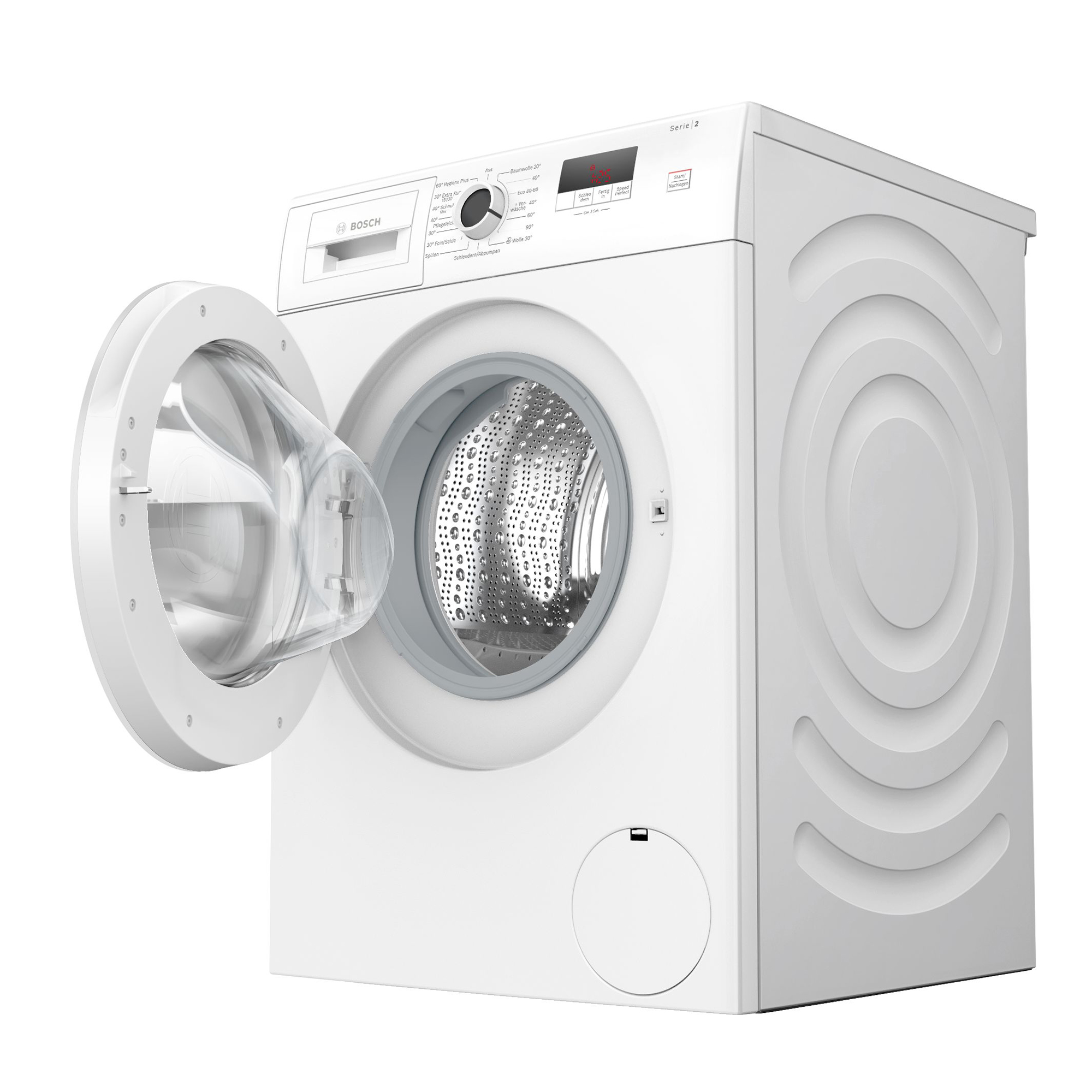 Eine weiße Bosch Waschmaschine mit geöffneter Tür und Trommel.