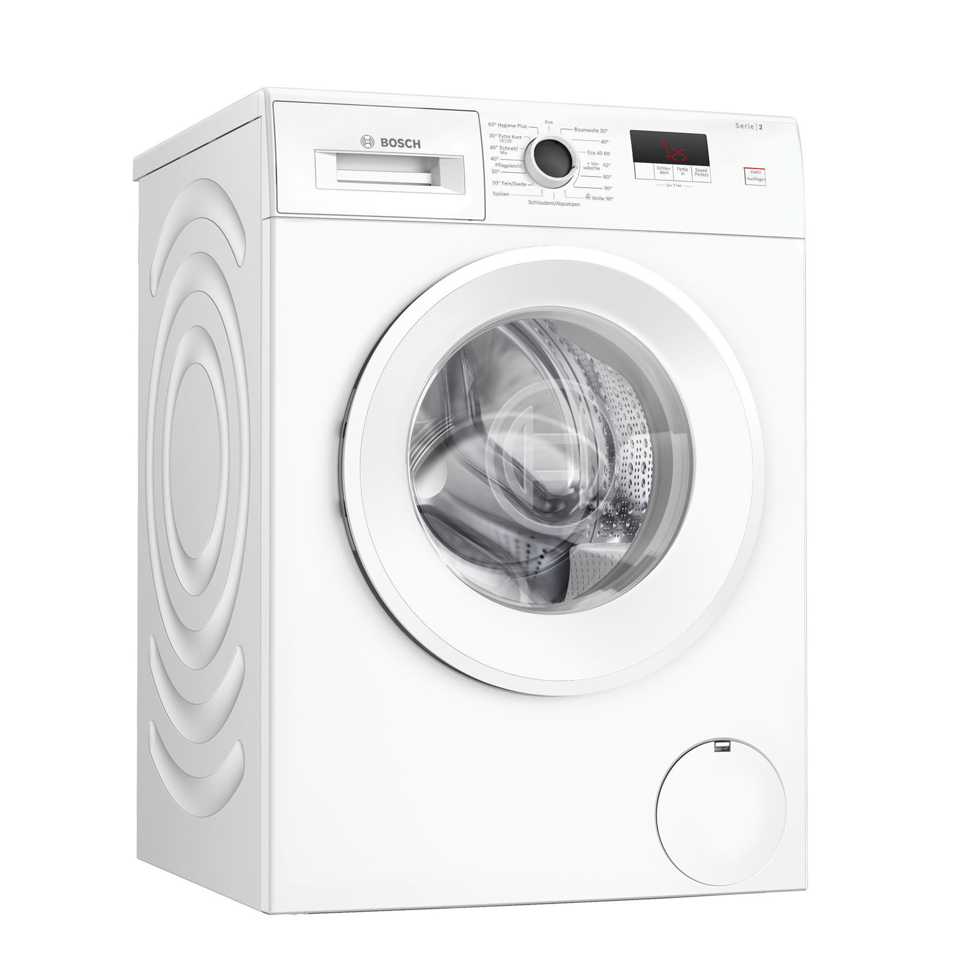 Eine weiße Bosch Waschmaschine mit silbernem Bullauge und Bedienfeld.