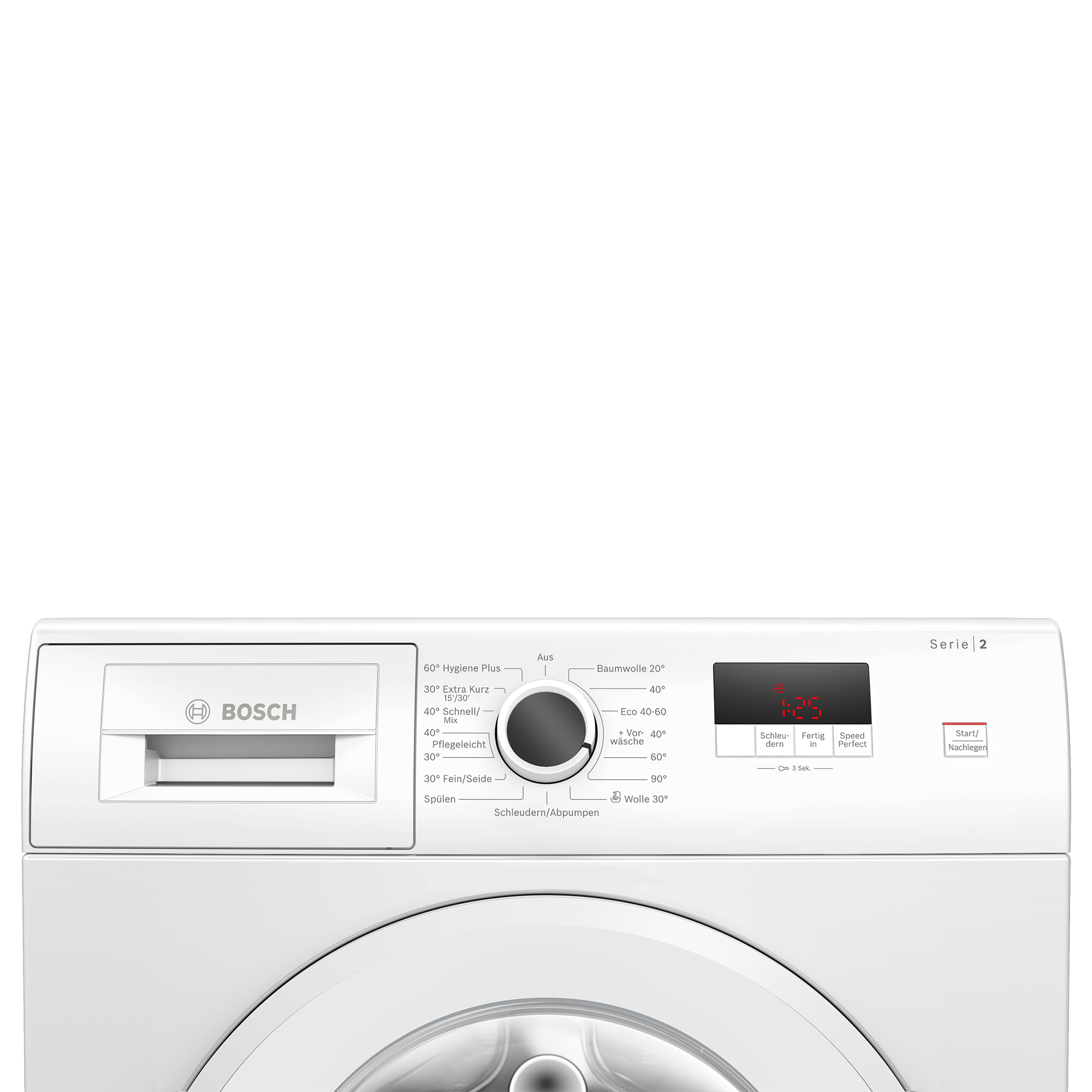 Eine weiße Bosch Waschmaschine mit Bedienfeld und digitaler Anzeige.
