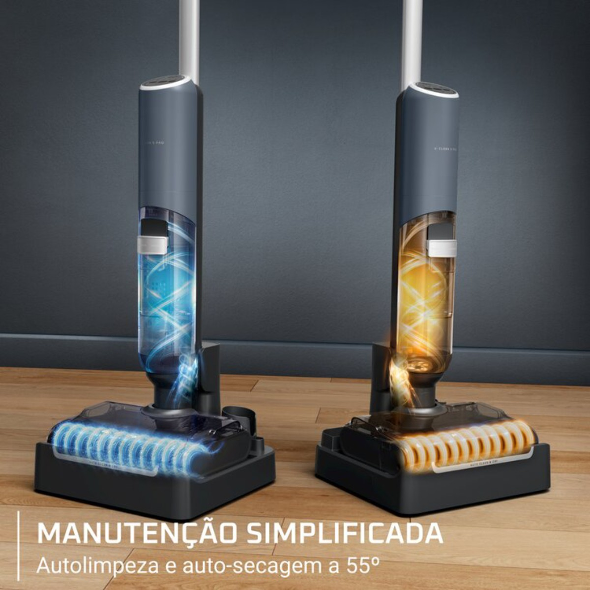 Dos aspiradoras con luz azul y amarilla en el tanque.