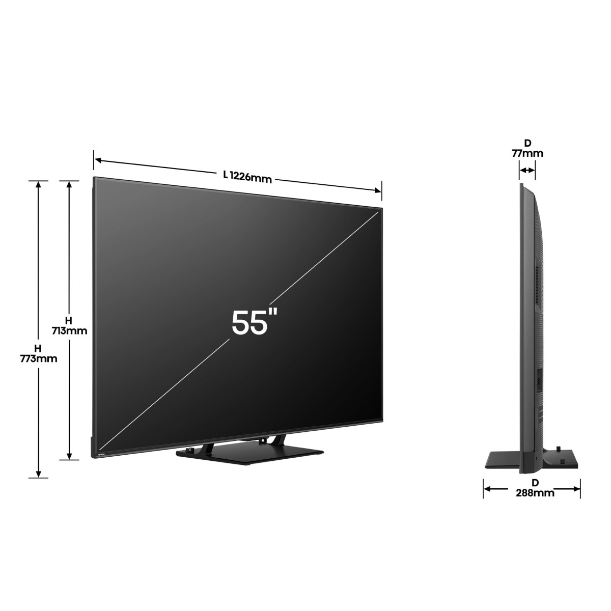 55-Zoll-TV-Abmessungen gezeigt: L 1226mm, H 713mm, T 77mm und 288mm.