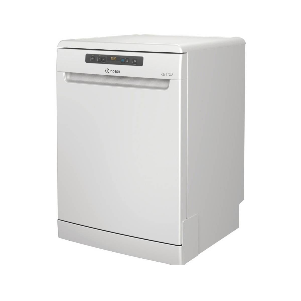 Una lavastoviglie Indesit bianca è mostrata di lato su sfondo bianco.