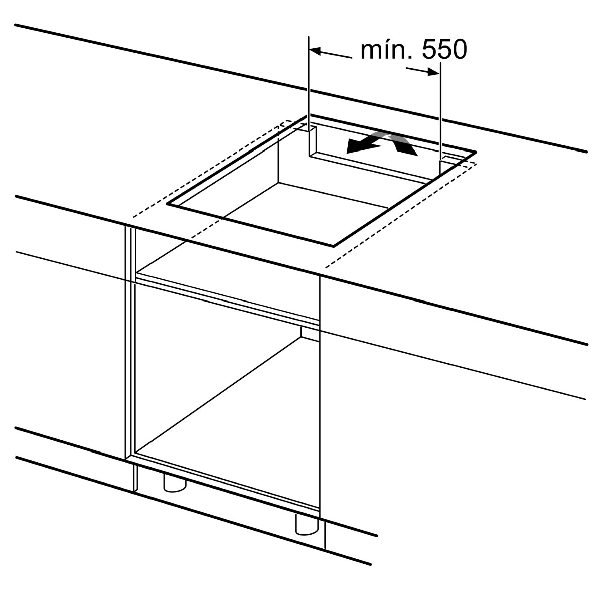 Einbauzeichnung einer Kochfläche mit Mindestabstand von 550mm.