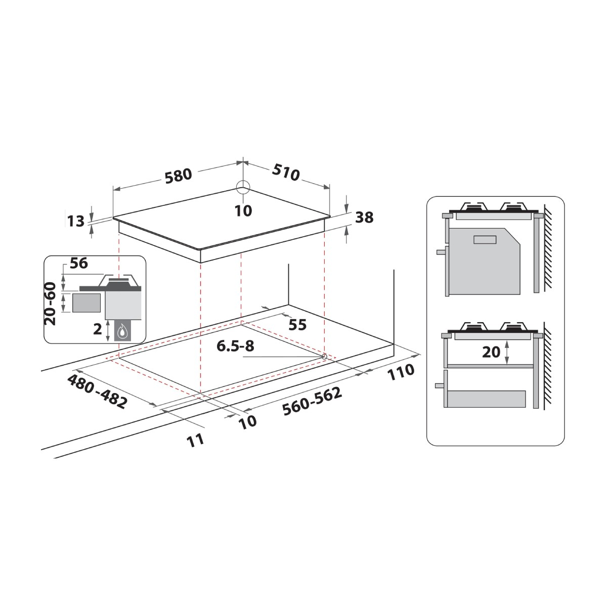 Dibujo técnico de una placa de cocina con dimensiones y detalles de instalación.