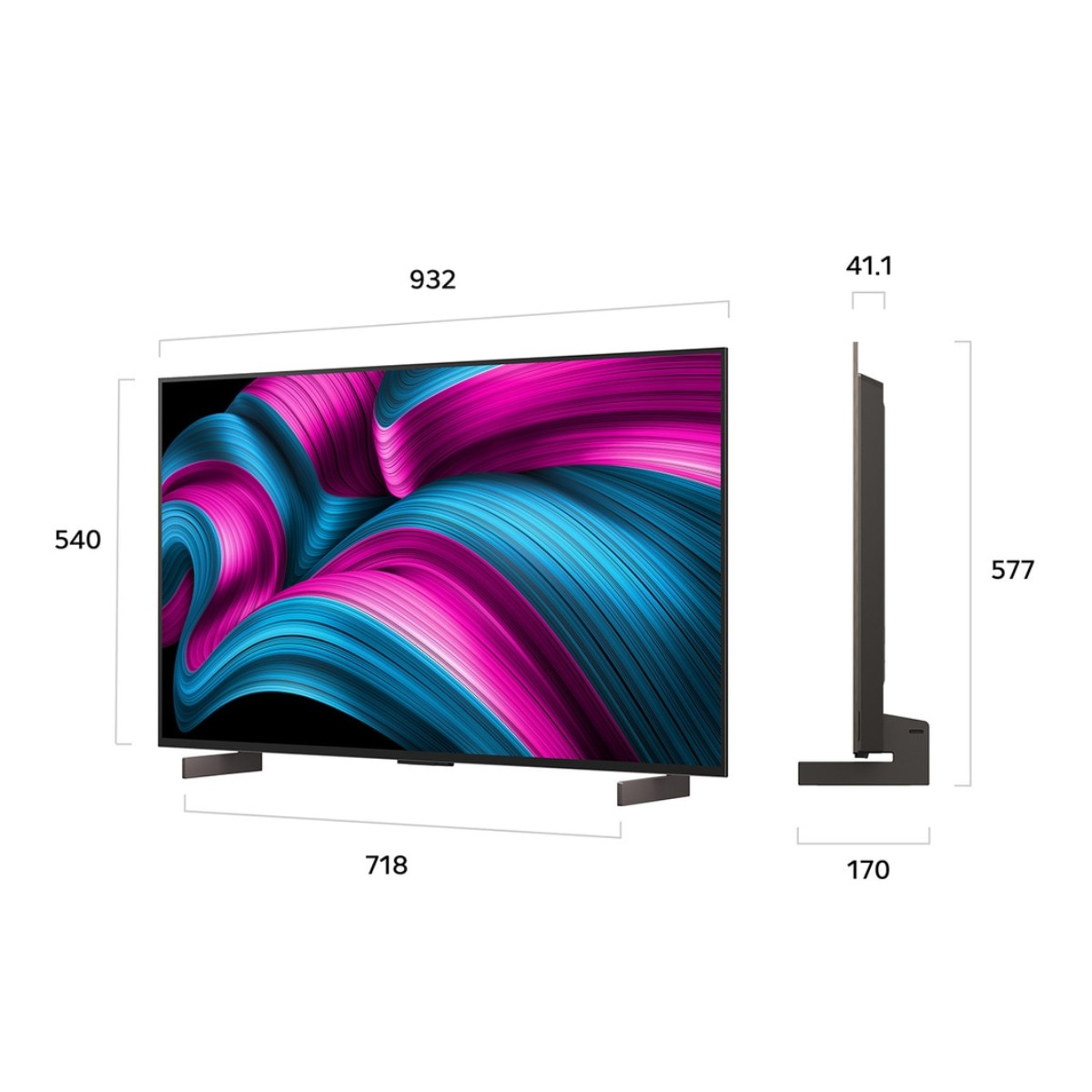 Una TV moderna con salvaschermo astratto colorato, con dimensioni indicate.