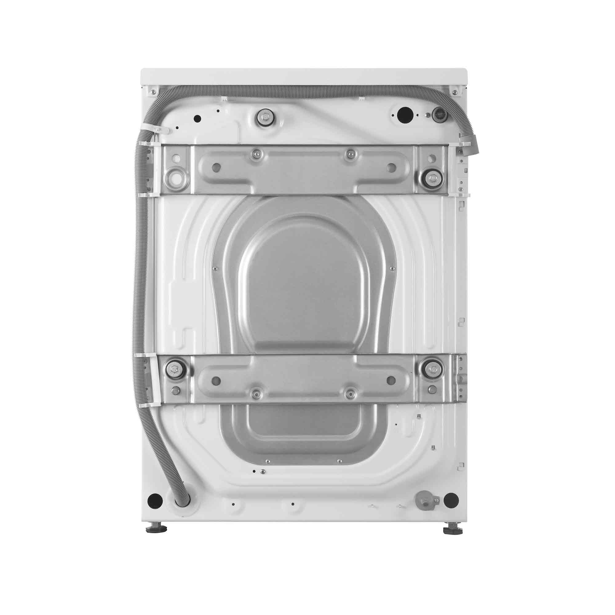 Rückseite einer weißen Waschmaschine mit grauen Schläuchen und Metallteilen.