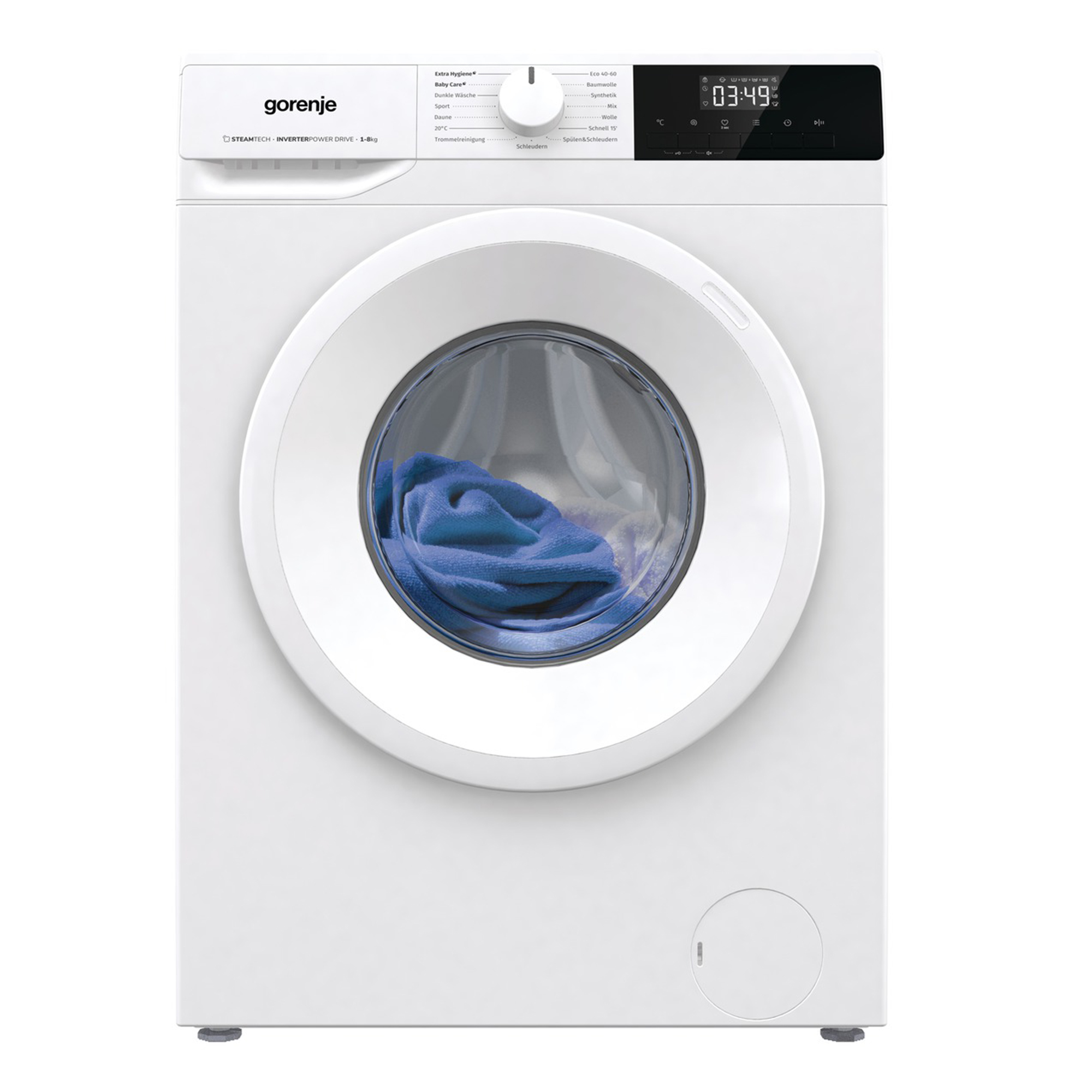 Eine weiße Gorenje Waschmaschine mit einem blauen Handtuch in der Trommel.