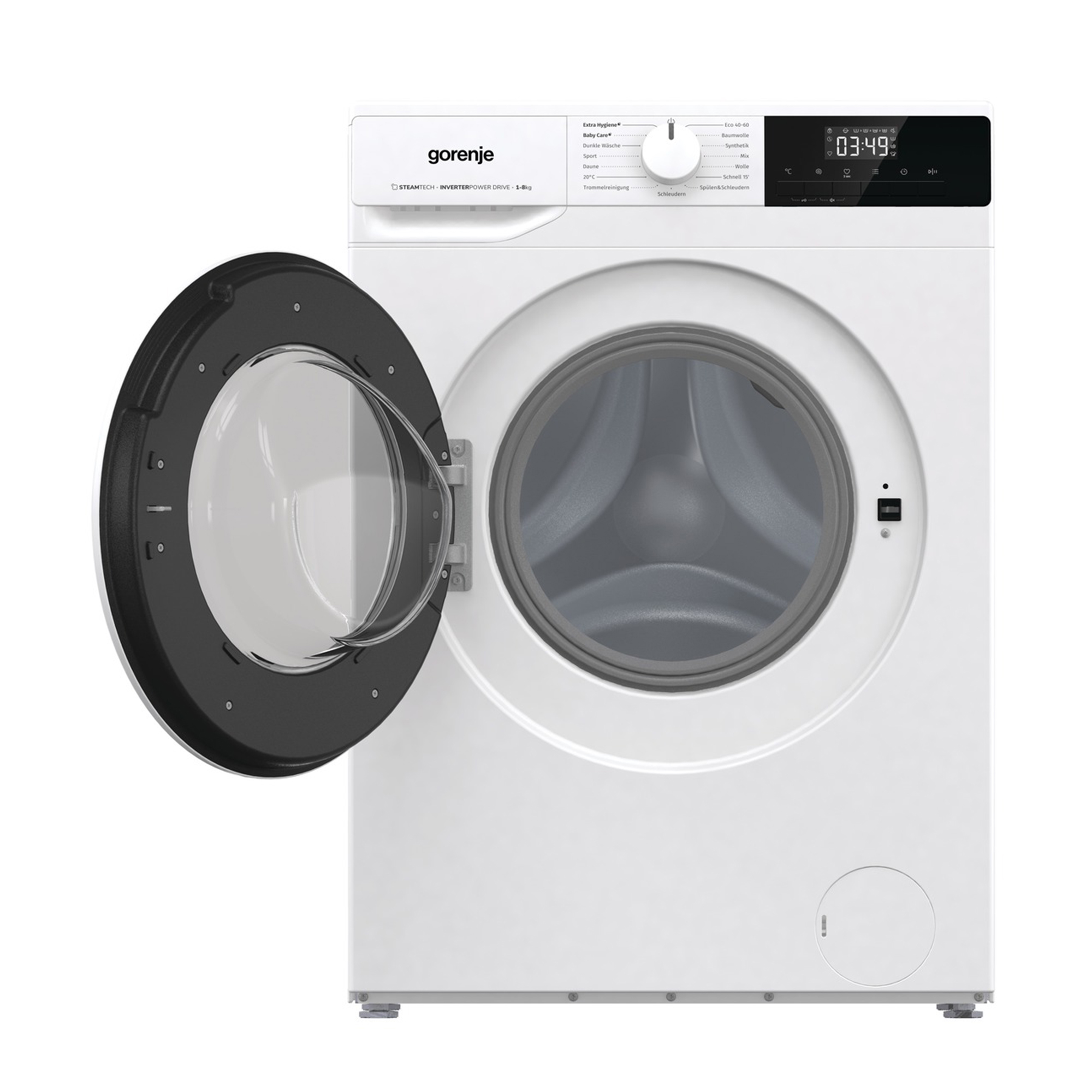 Eine weiße Gorenje Waschmaschine mit geöffneter schwarzer Tür und Display.