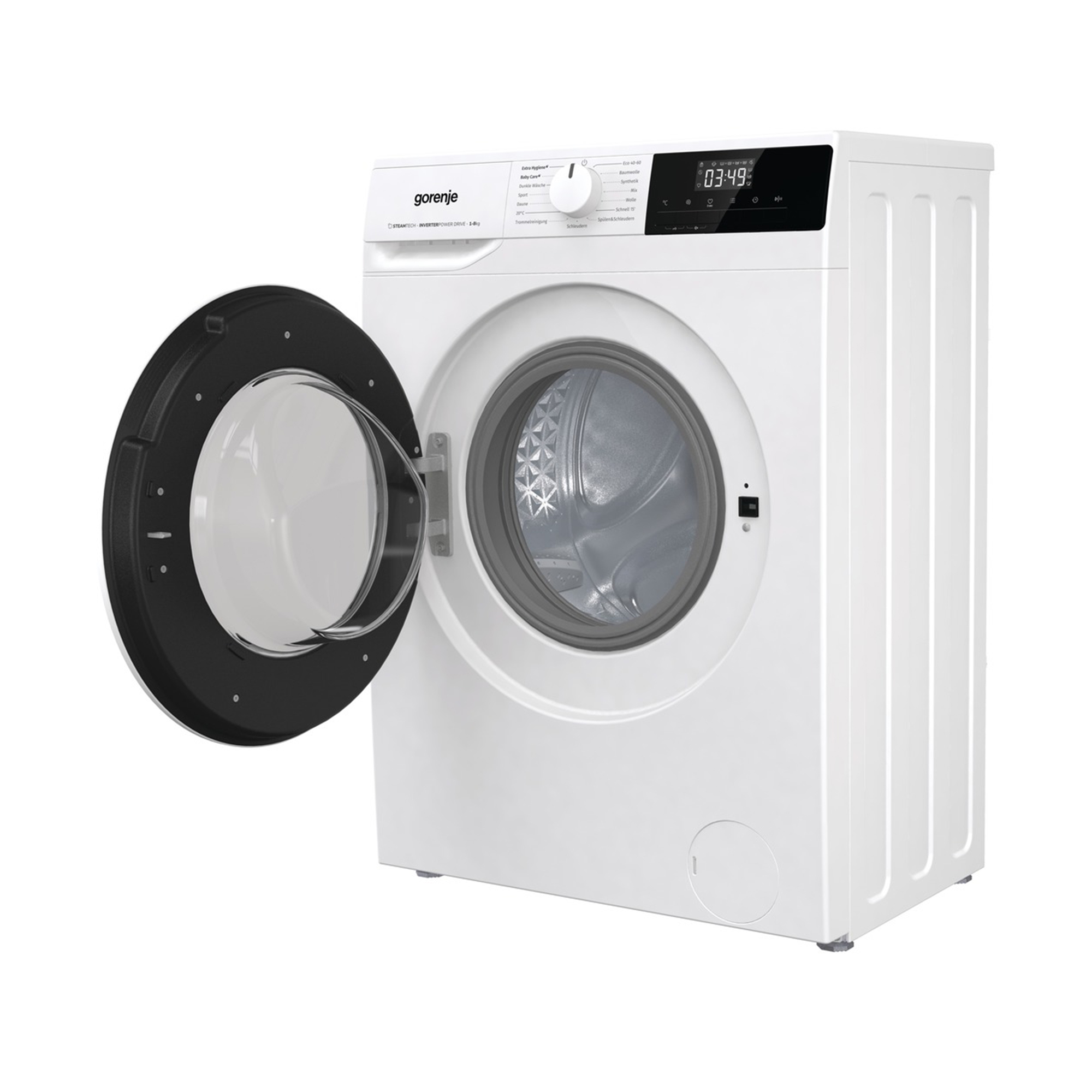 Eine weiße Gorenje Waschmaschine mit geöffneter Tür und digitaler Anzeige.