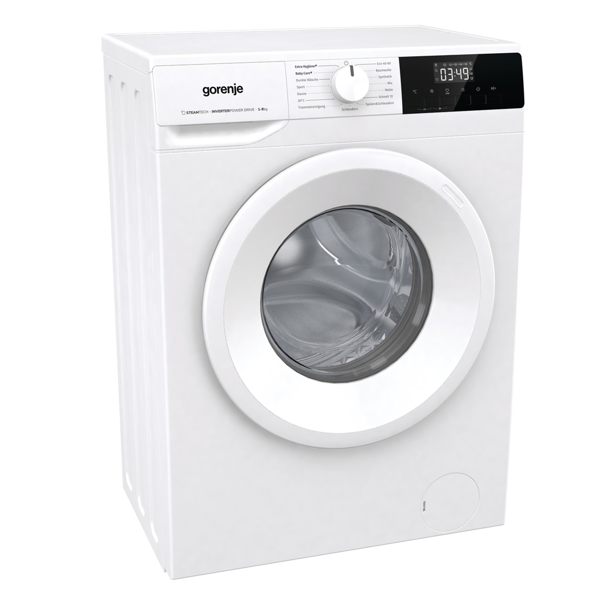 Eine weiße Gorenje Waschmaschine mit digitaler Anzeige und runder Tür.