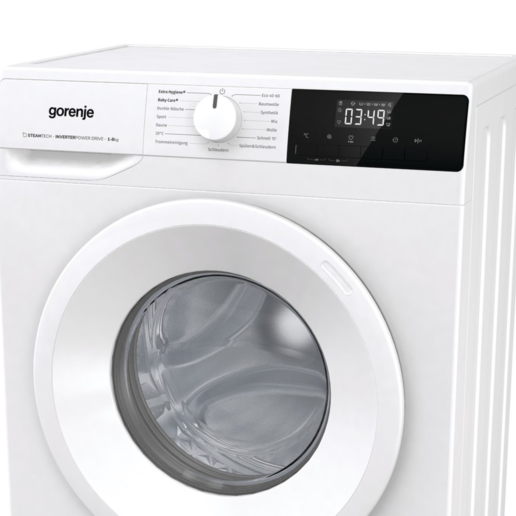 Eine weiße Gorenje Waschmaschine mit digitaler Anzeige und runder Tür.