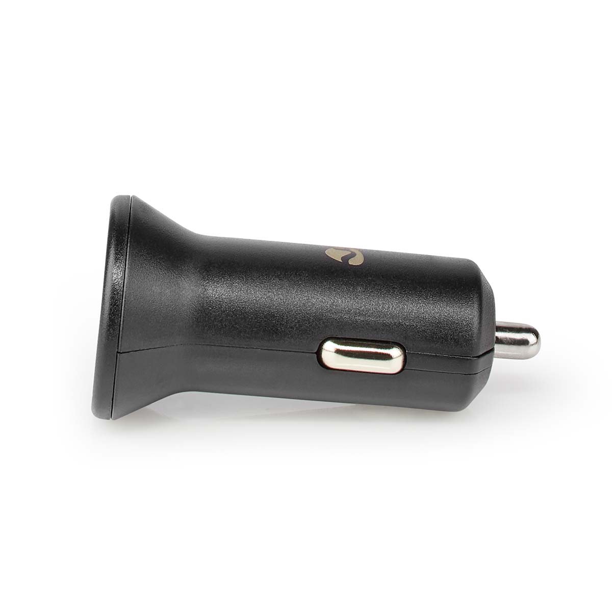 Zwarte auto-oplader adapter met zilveren connector en logo.