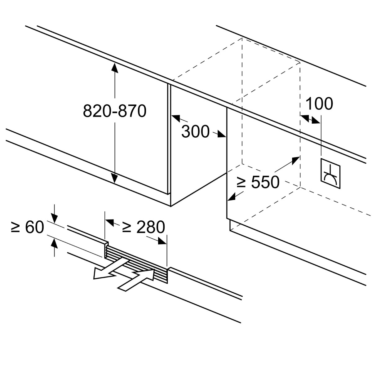 Disegno tecnico con dimensioni per elettrodomestici da incasso, es. 820-870 mm.