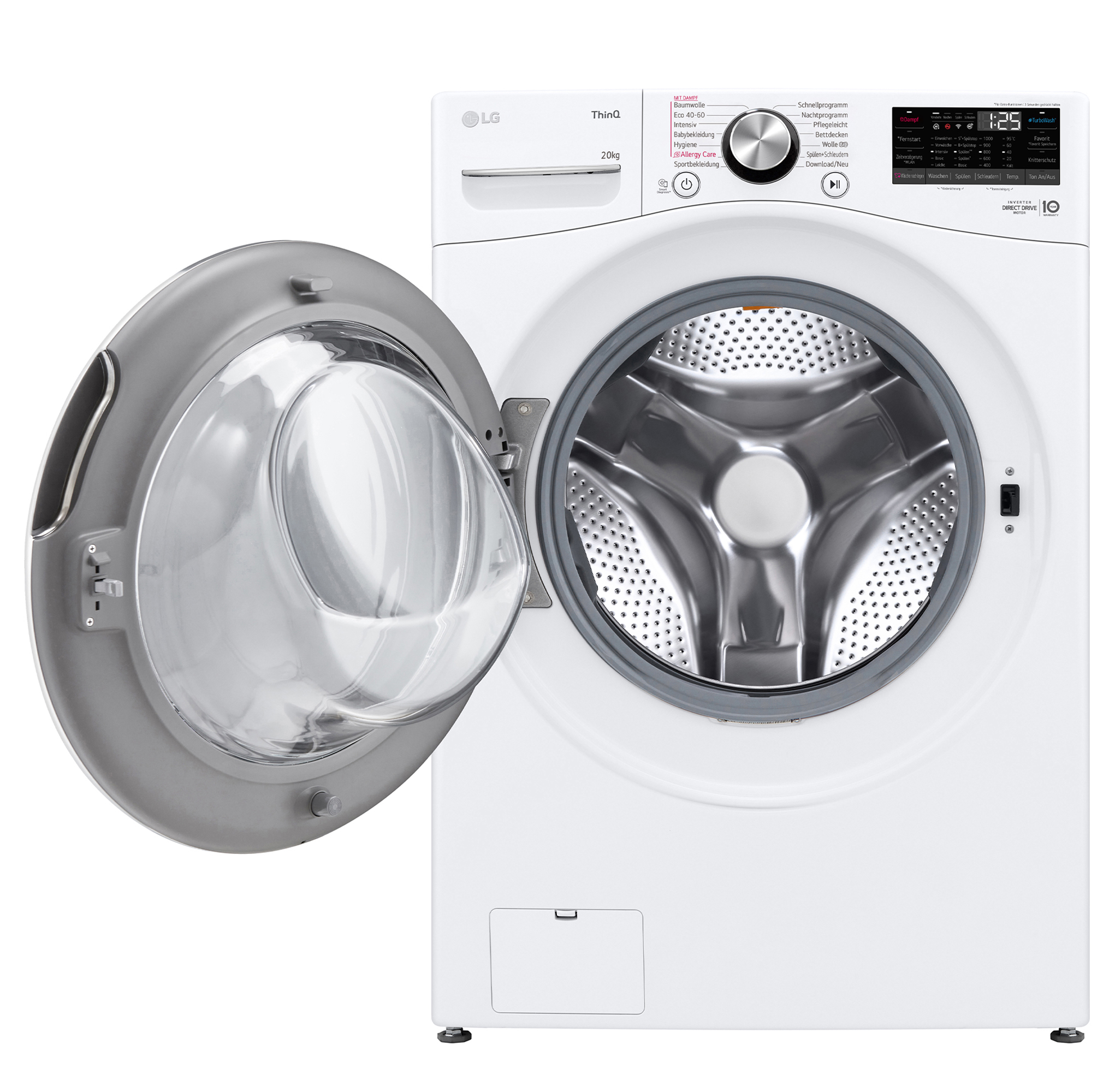 Eine weiße LG Waschmaschine mit geöffneter Tür, Trommel sichtbar.