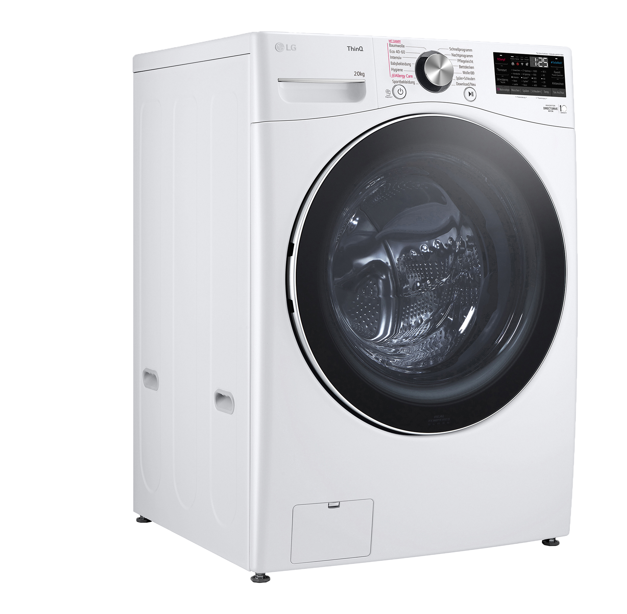 Weiße LG Waschmaschine mit Bedienfeld und runder Tür.