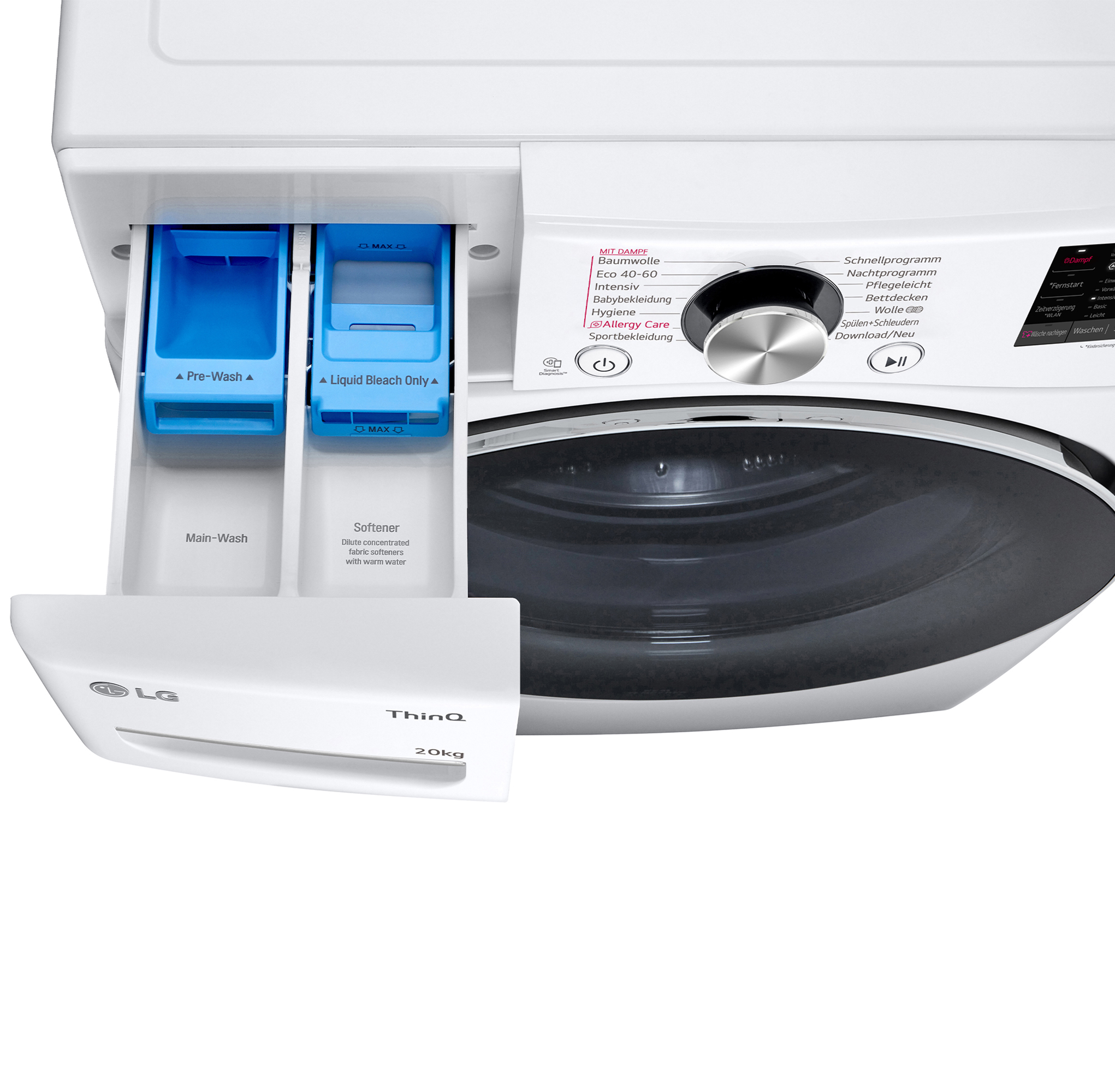 Eine Waschmaschine mit herausgezogener Schublade für Waschmittel, rechts ist das Bedienfeld.