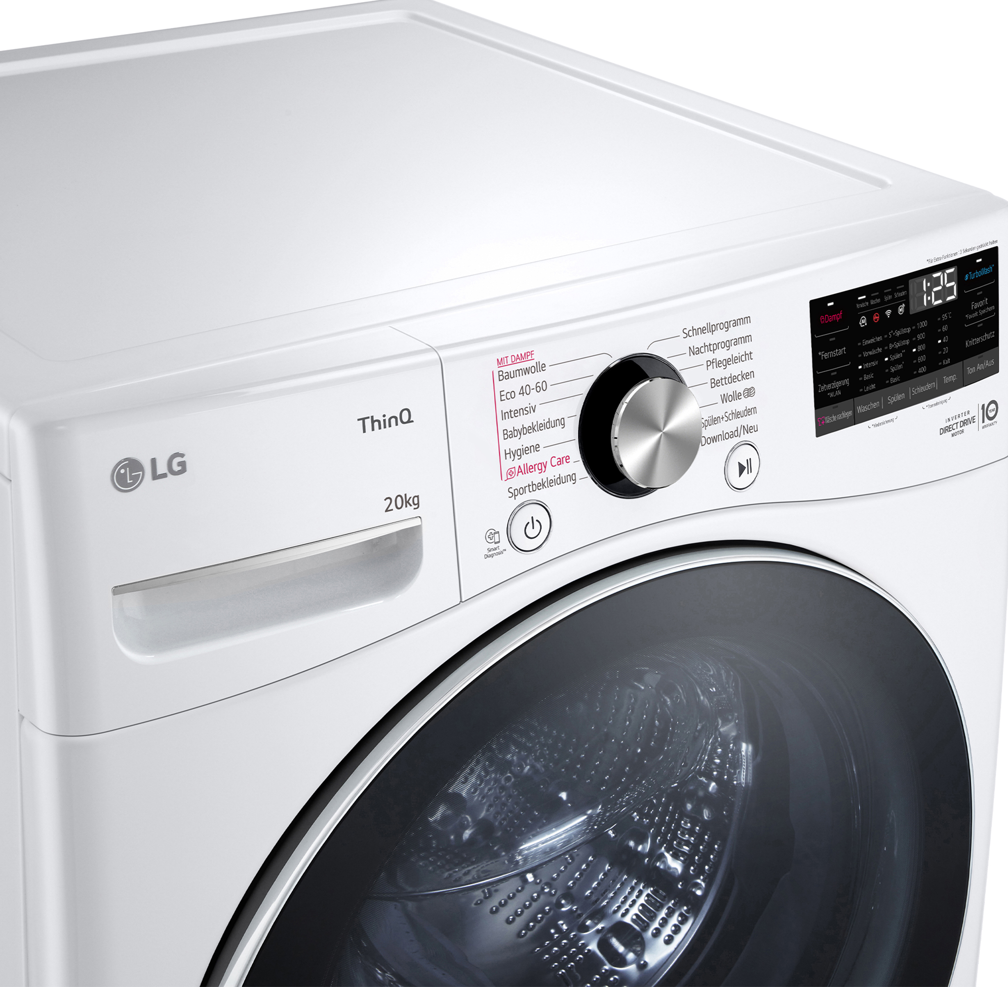 Eine weiße LG Waschmaschine mit Bedienfeld und Trommelansicht.
