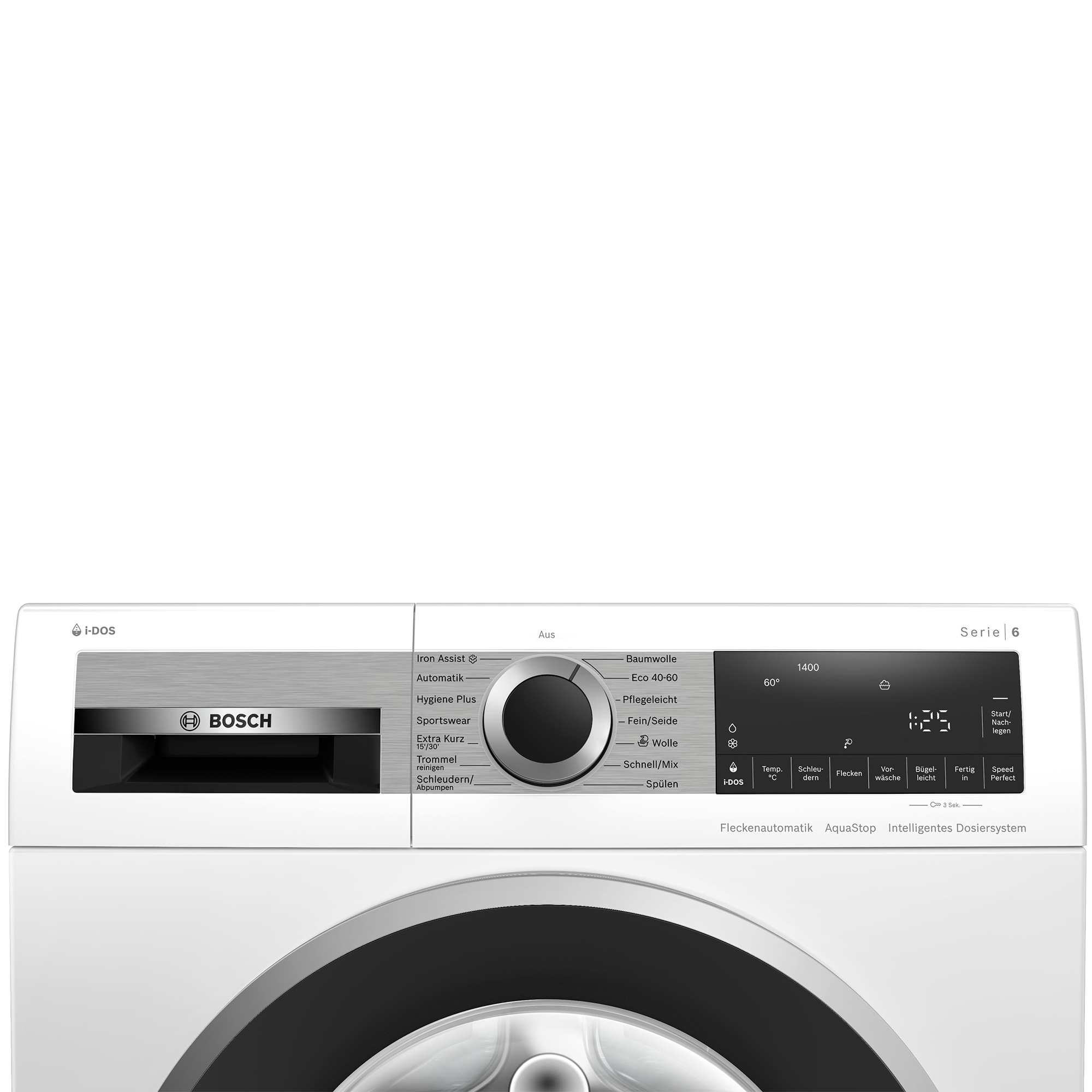 Vorderseite einer weißen Bosch Waschmaschine mit silbernem Bedienfeld und Programmwahlknopf.