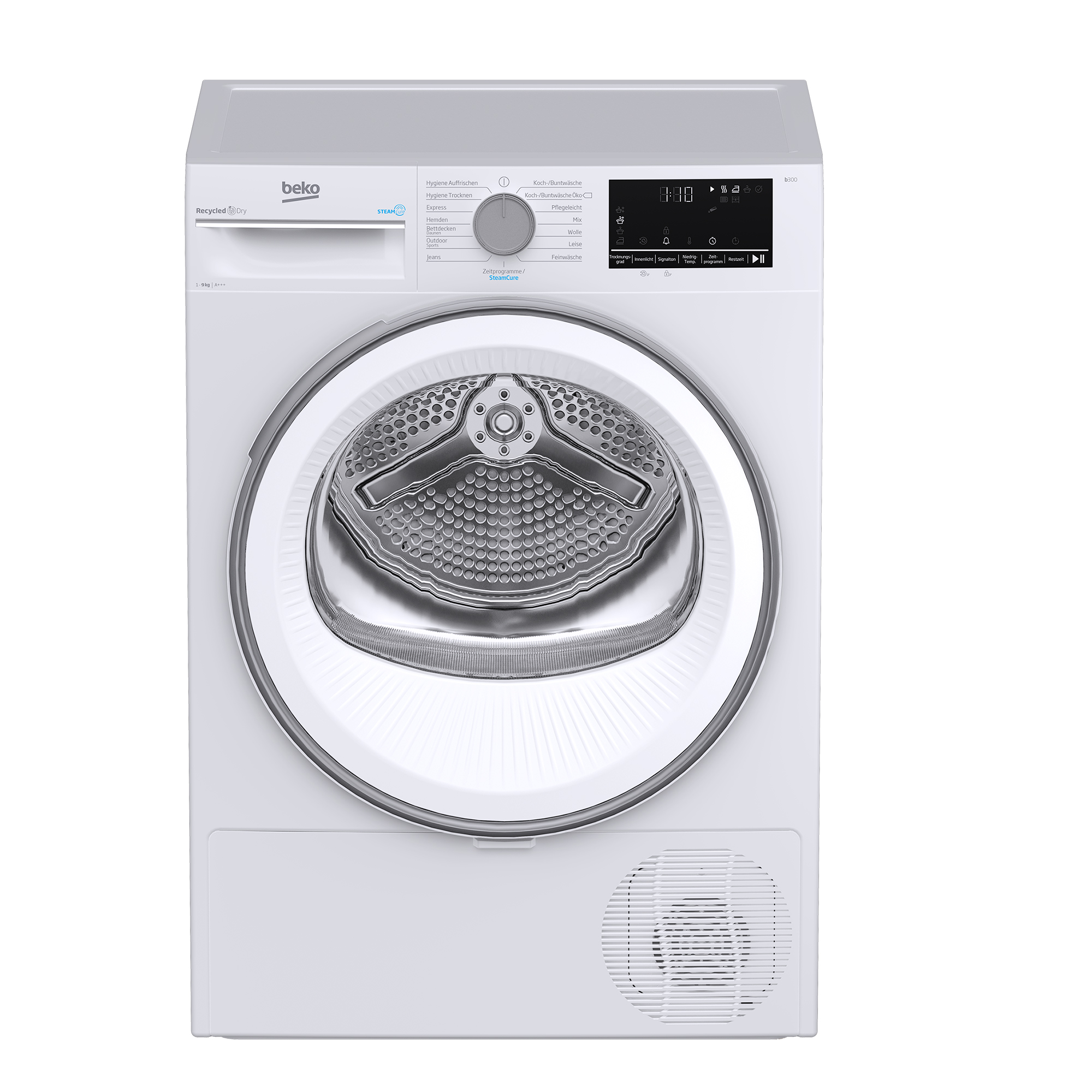 Eine weiße Beko-Wäschetrockner-Vorderansicht mit silberner Trommel und digitalem Display.